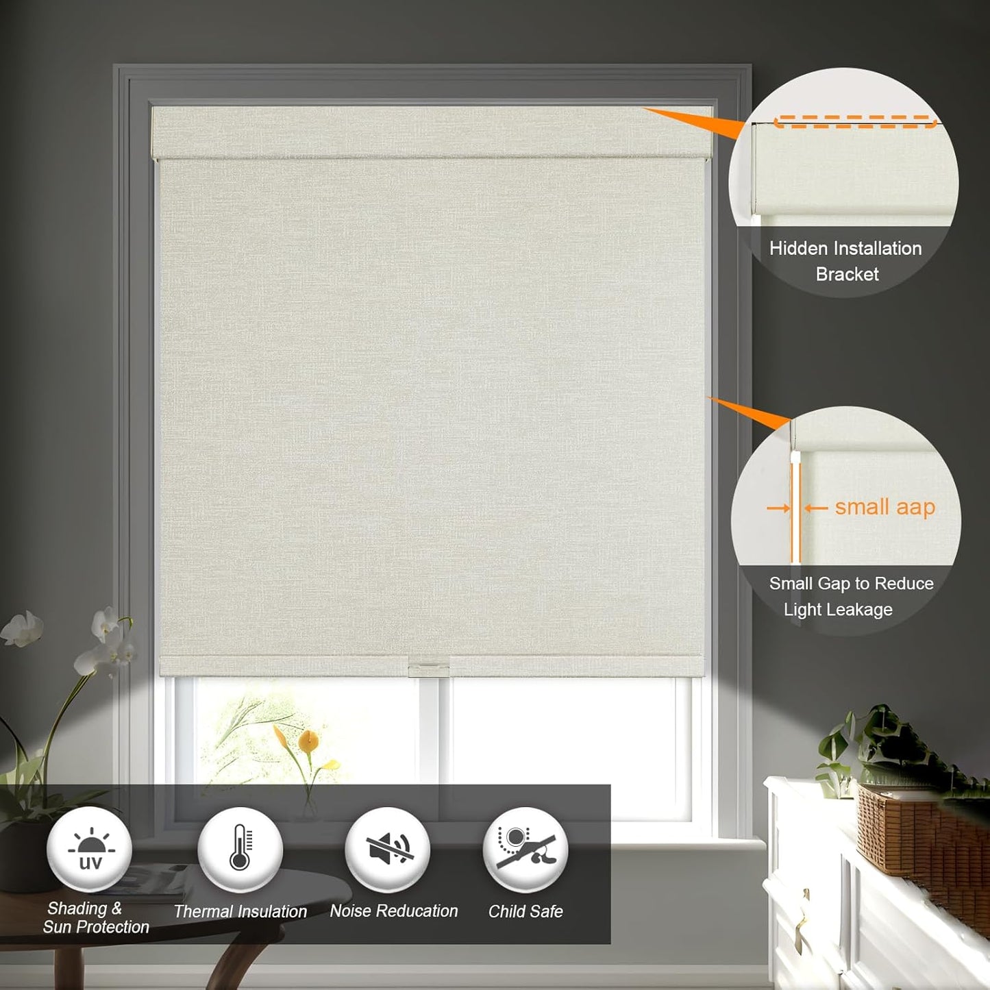 Persilux Blackout Shades for Windows Cordless Roller Blinds, Roller Windows Shades for Home with Fabric Attached Valance, UV Protections Easy Installation for Door/Office, Limestone(48.5" W x 84" H)