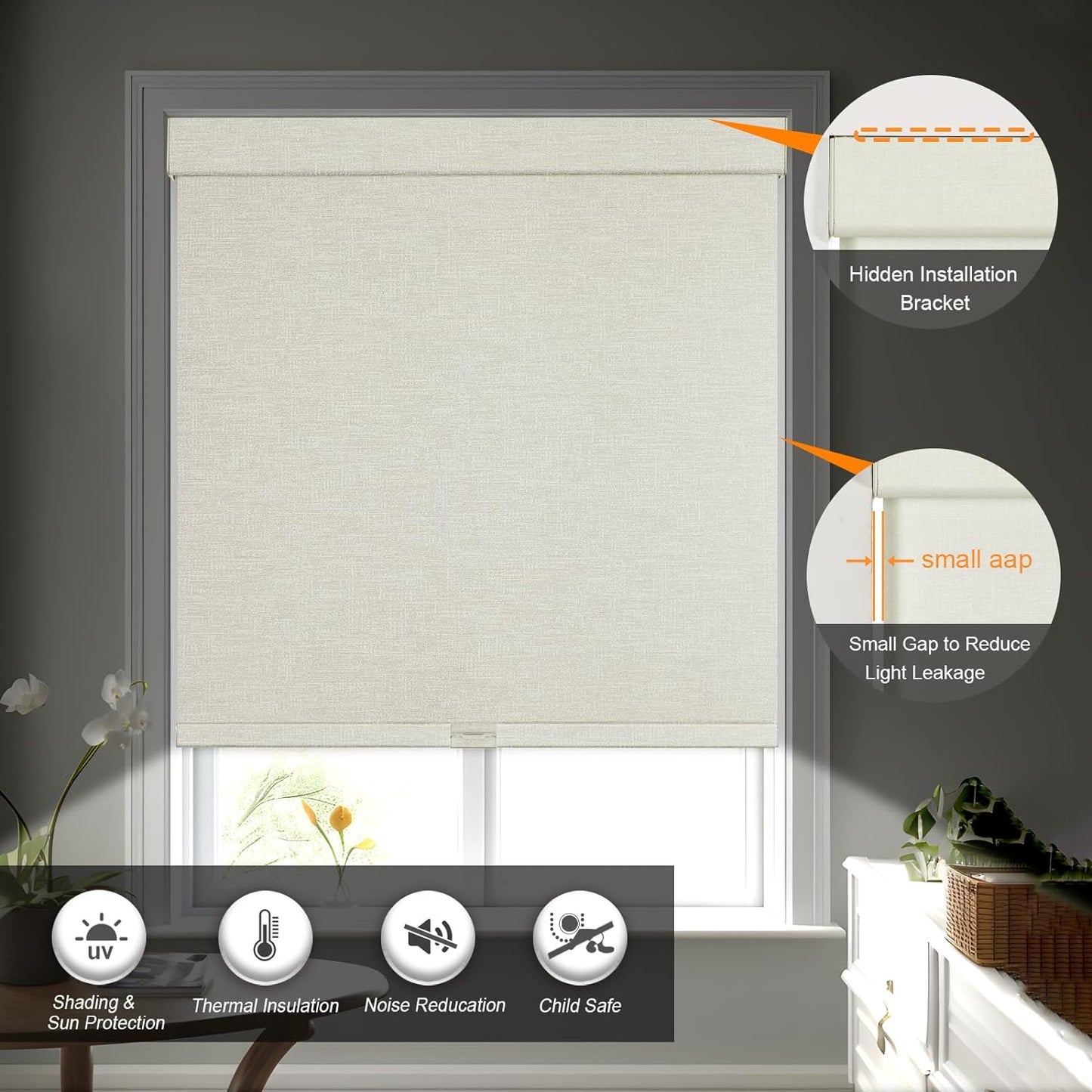 Persilux Blackout Shades for Windows Cordless Roller Blinds, Roller Windows Shades for Home with Fabric Attached Valance, UV Protections Easy Installation for Door/Office, Limestone(85" W x 96" H)