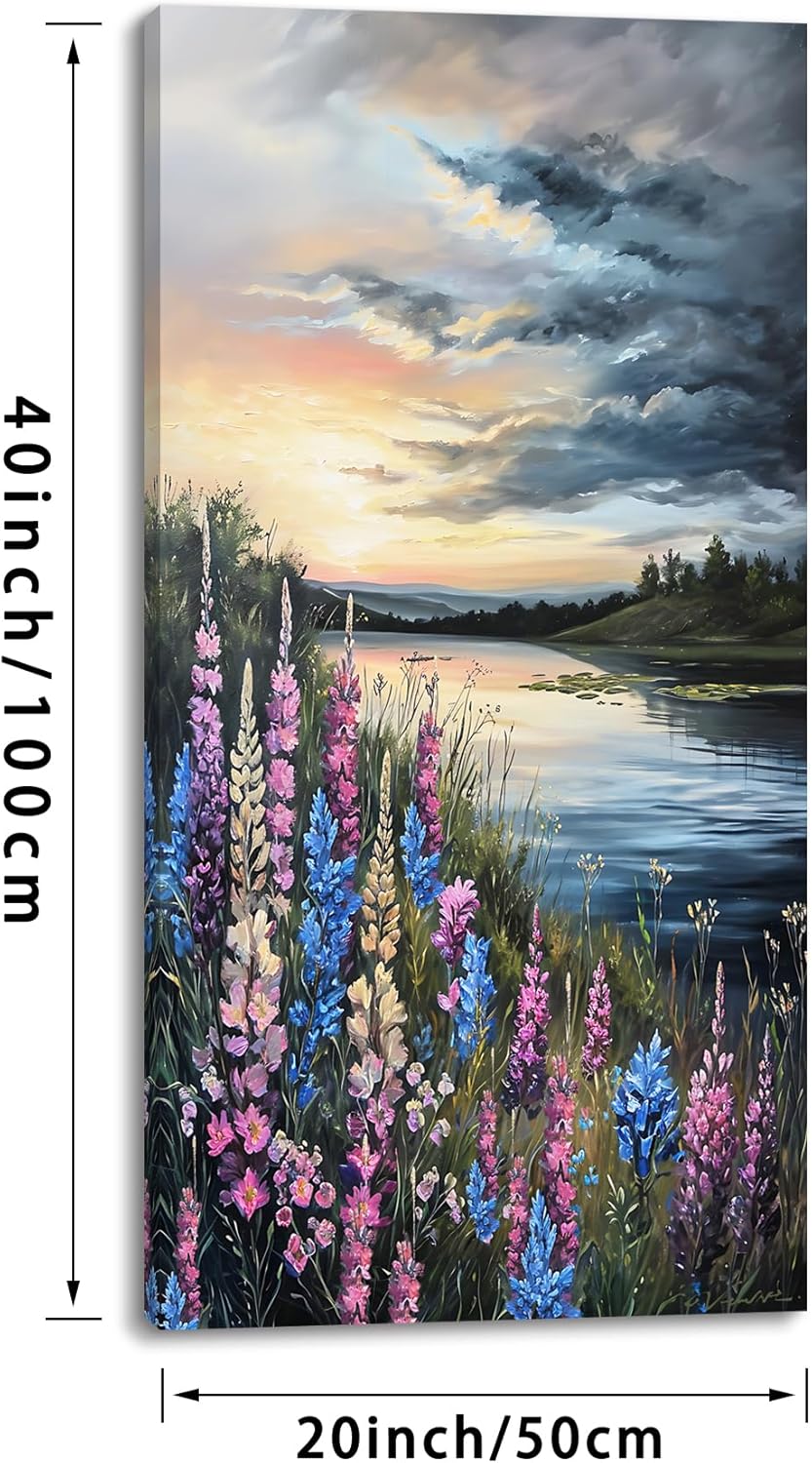 LASMOND Beautiful Colorful Grassland by Riverbank Landscape Wall Art Decor Artwork for Bedroom (20x40 Inches)