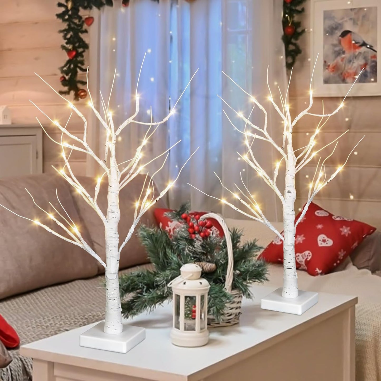 Christmas Decorations Indoor,2 Pack 2 FT White Lighted Birch Tree with Led Lights,Christmas Tree Decorations,Table Top Decor for Home Hanging Ornaments Halloween Valentines,Battery Operated
