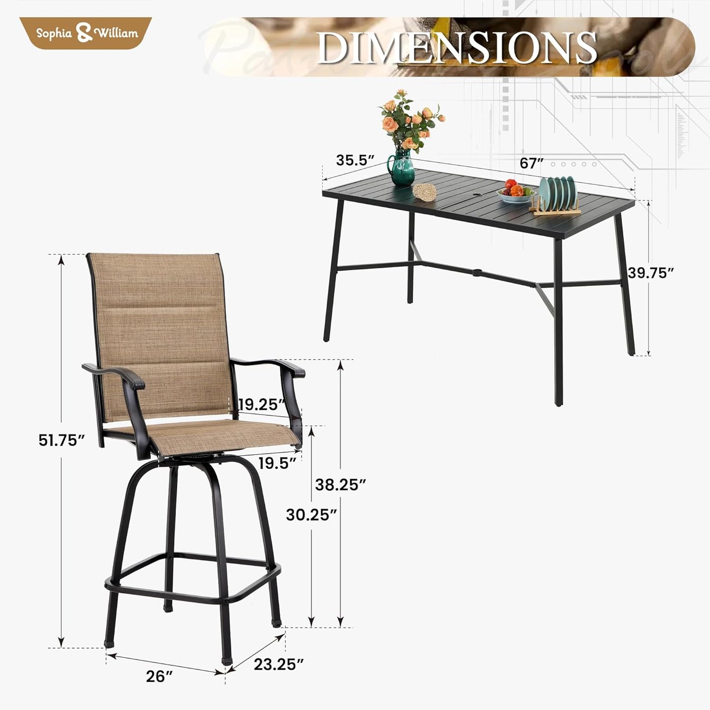 Sophia & William Outdoor Bar Set, Patio Bar Table and Chairs Set, Bar Height Patio Set - 4 x Swivel Bar Chairs(Brown-Padded), 1 x Rectangular Bar Table
