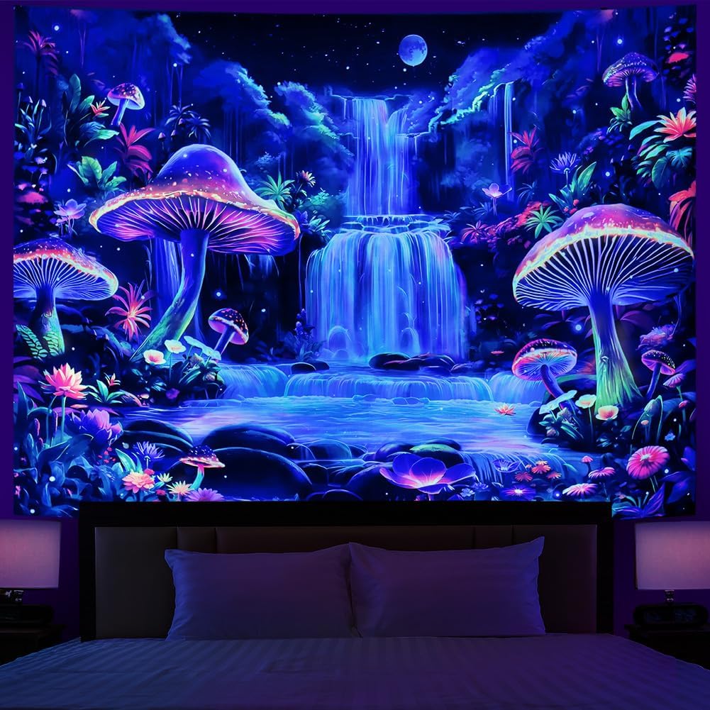 Dermijer Blacklight Tapestry Fantasy Mushroom Forest Tapestry UV Reactive Waterfall Tapestries Moon Night Neon Flower Landscape Wall Hanging for Home Decor L92.5×W70.8