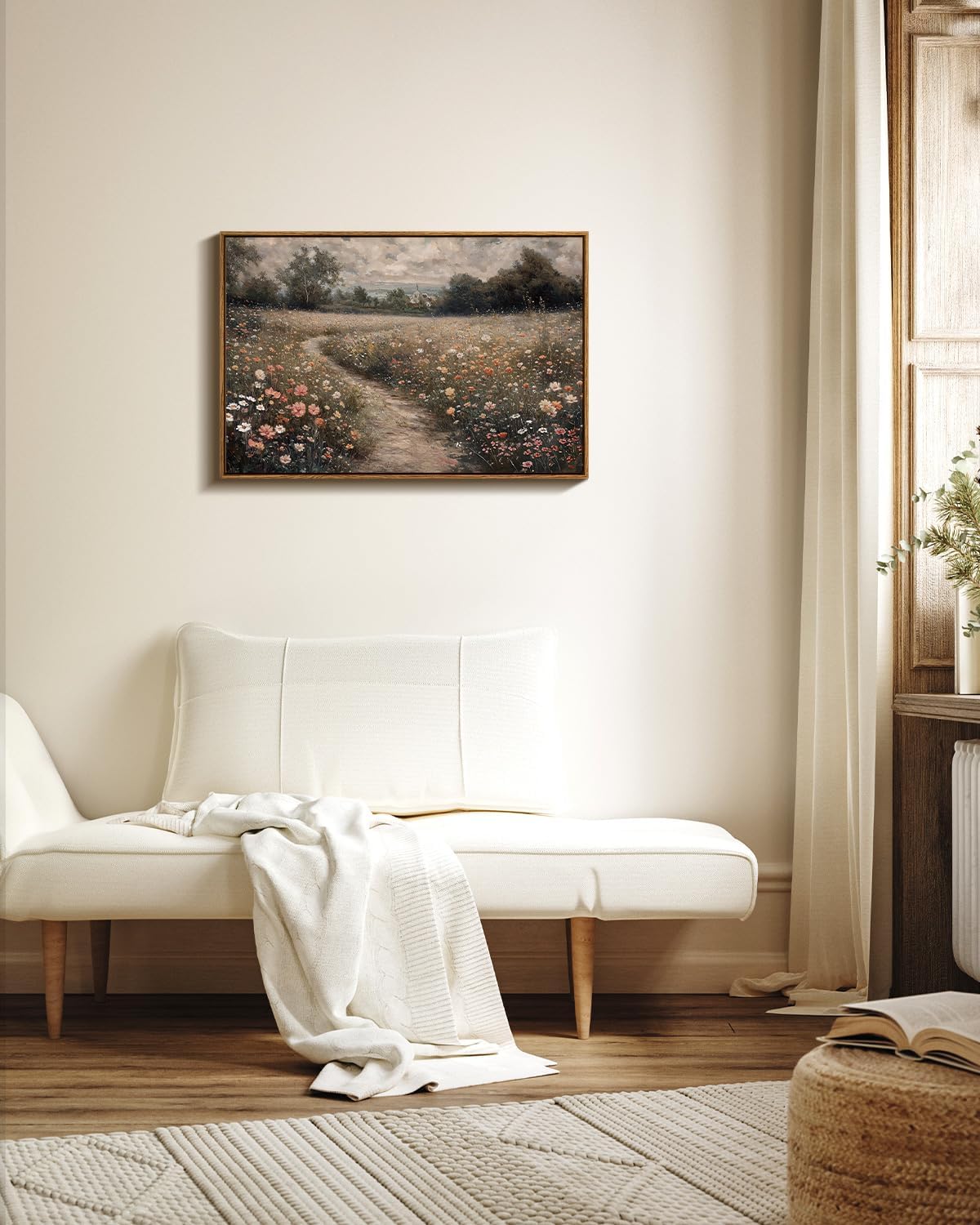 VIYYIEA Framed Canvas Wall Art Home Decor Vintage Large Landscape Country Wildflower Paintings Farmhouse Pictures Floral Artwork Rustic Flower Prints Cottagecore Living Room Bedroom Bathroom 20x30in