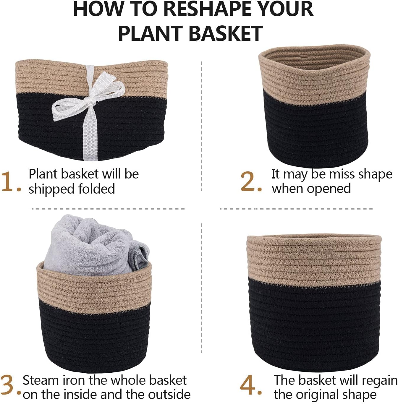 Woven Cotton Rope Plant Basket for 11" Flower Pot Floor Indoor Planters,Storage Organizer Basket Rustic Home Decor (11" x 11",Black and Brown Stripes)