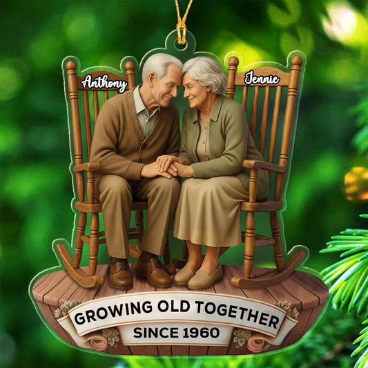 Old Couple Sitting On Rocking Chairs Growing Old Together Christmas Ornament 2025, Personalized Anniversary Shaped Ornament for Mr Mrs Husband Wife Dad Mom Grandpa Grandma, Custom Text Name Ornaments