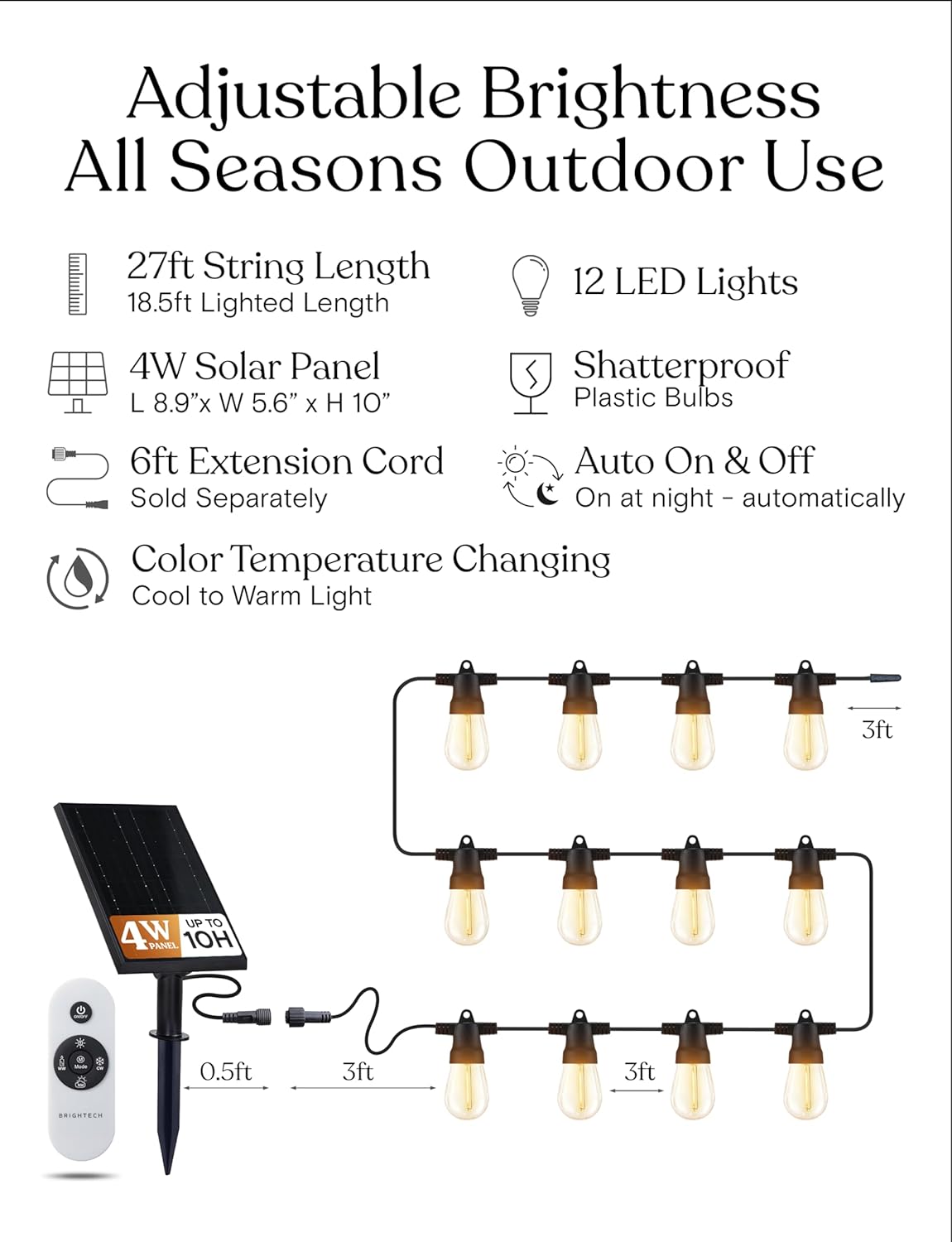 Brightech Ambience Pro 27-Ft Solar String Lights for Outside - Super Bright Remote Control Color Adjustable Outdoor String Light - Commercial Grade String, Waterproof LED for Patios, Camping, 12 Bulbs