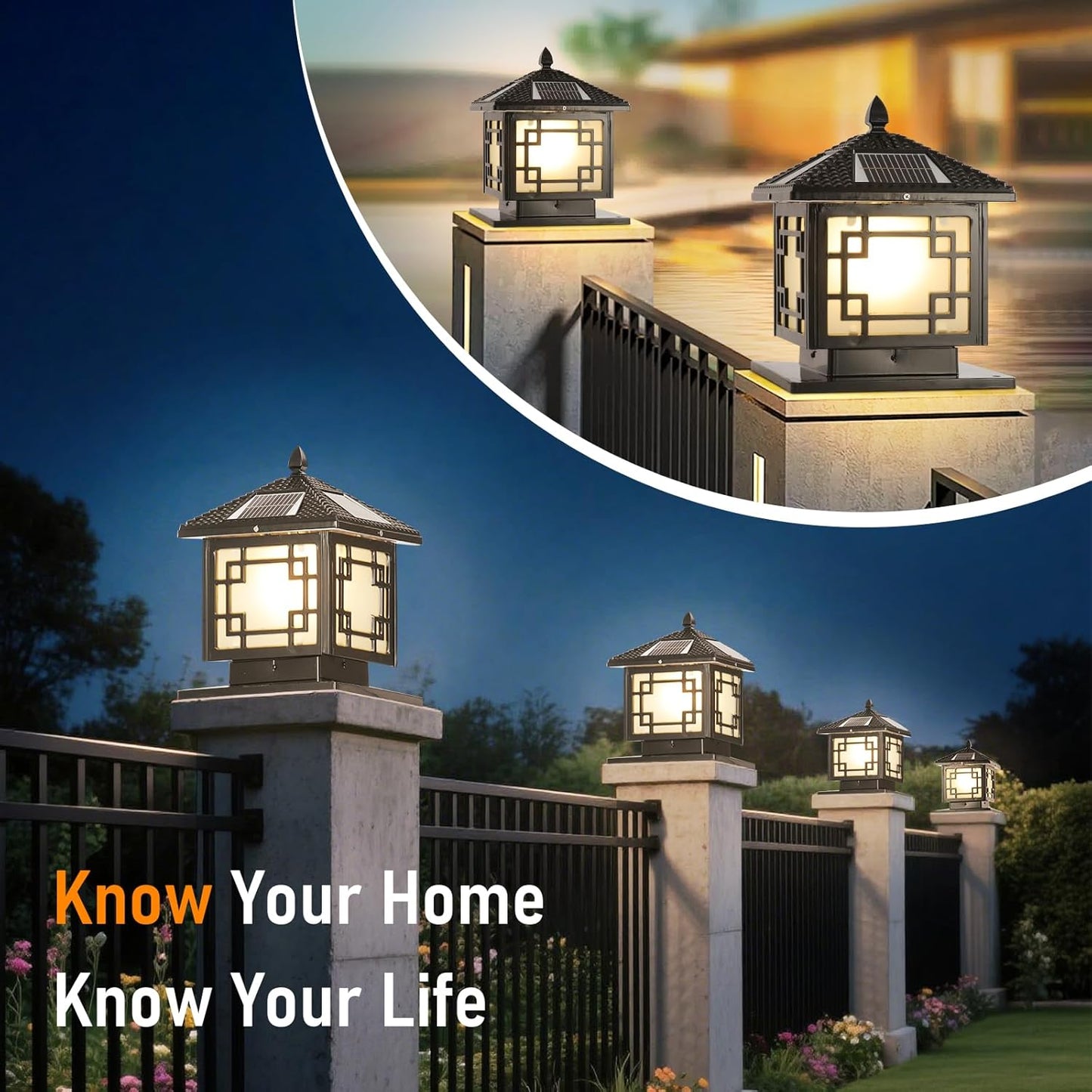 SLAWA 9.8In Solar Lighting Lantern Outdoor Post Caps Light with Solar Powered LED Column Lamp Black Square Waterproof Pillar Lamp Outside Housing Landscape Lighting Fence Deck Mailbox Pedestal Lantern