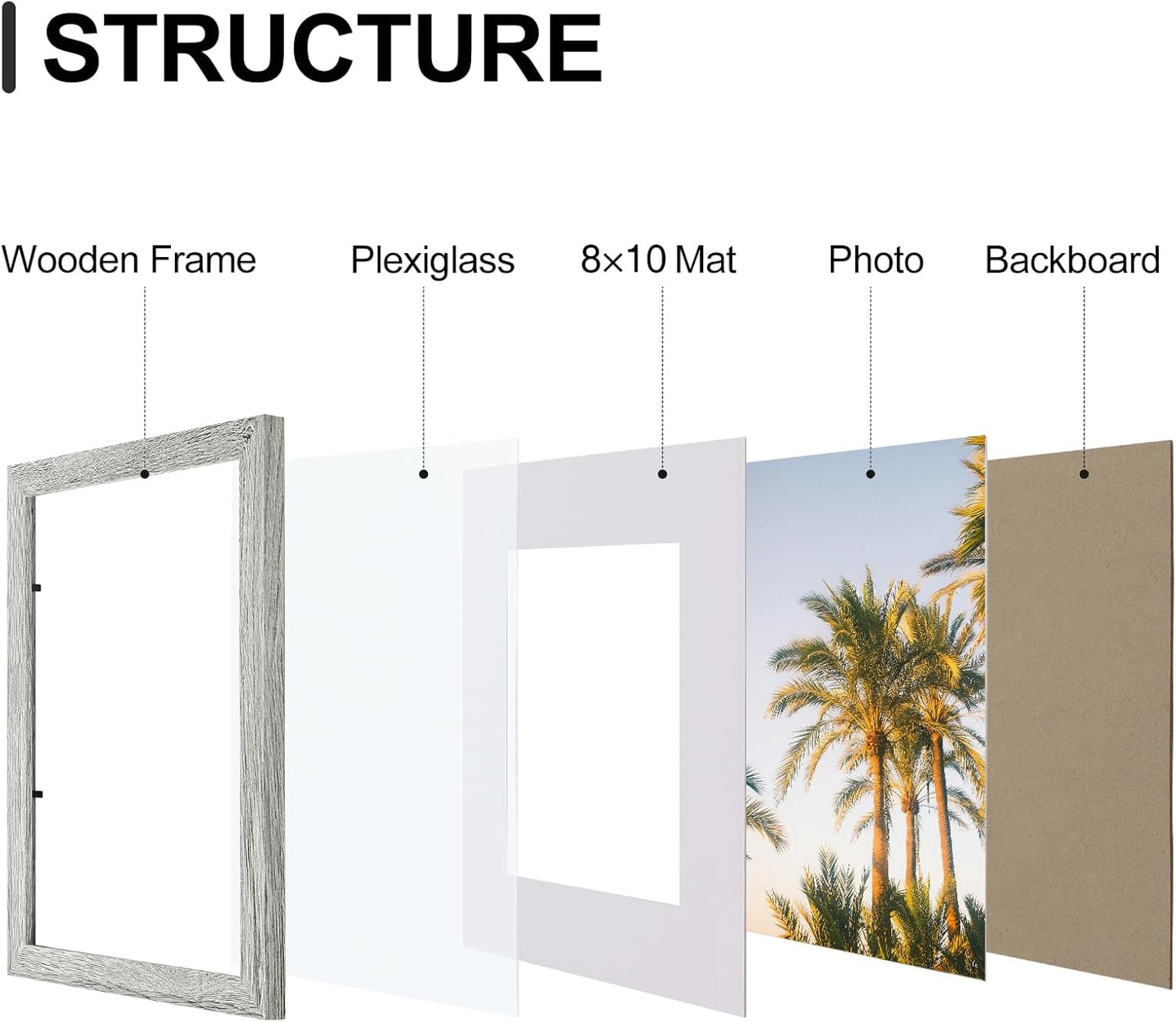Vittanly 11x14 Picture Frames Set of 9, Shatter Resistant Plexiglass, Display 8x10 Pictures with Mat or 11x14 without Mat, Photo Frames for Wall or Tabletop, Engineered Wood, Grey