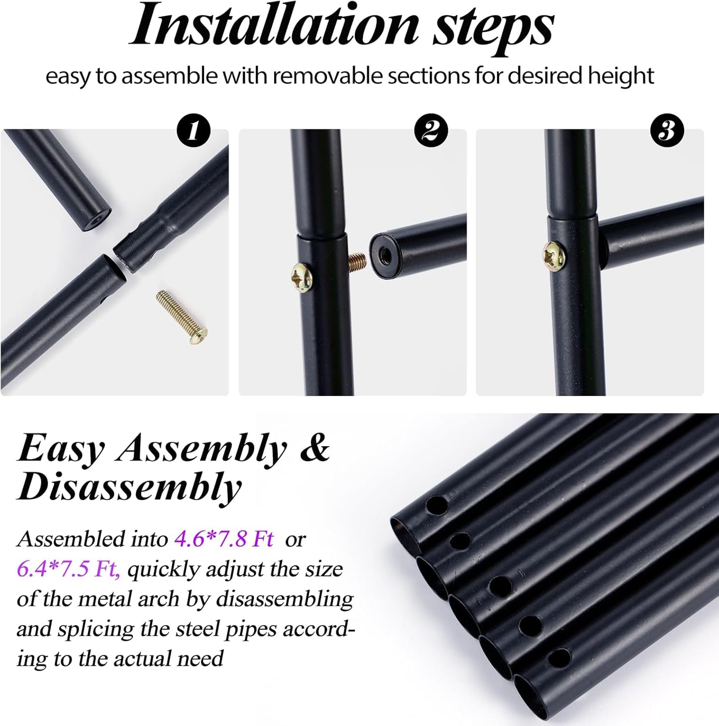 Metal Pergola Arbor Garden Arch - 4.6 * 7.8 or 6.4 * 7.5Ft, Assemble Freely 2 Sizes for Various Climbing Plant, Bridal Party Decoration