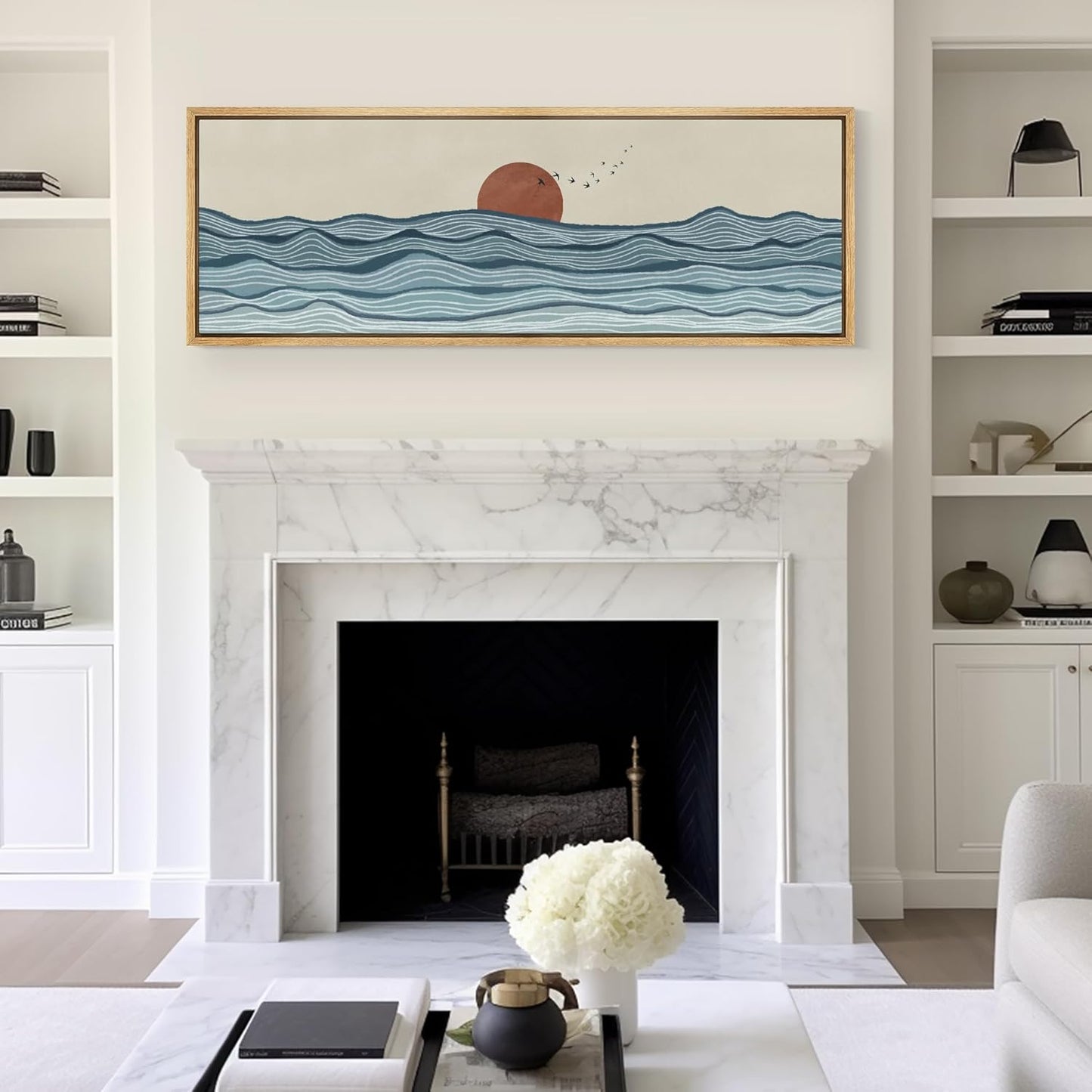 MUDECOR Large Framed Canvas Print Wall Art Calm Seascape Ocean Waves and Setting Sun Illustrations Antique Retro Fine Art Illustrations Decorative Colorful for Bedroom - 60"x20"