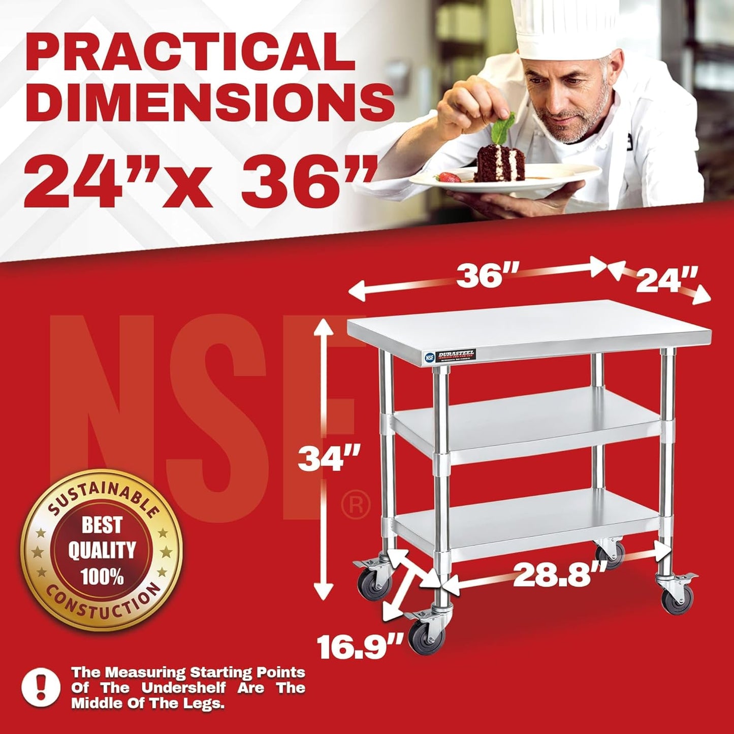 DuraSteel Stainless Steel Work Table 24" x 36" x 34" Height w/ 4 Caster Wheels - Food Prep Commercial Grade Worktable - NSF Certified - Good for Restaurant, Business, Warehouse, Home, Kitchen, Garage