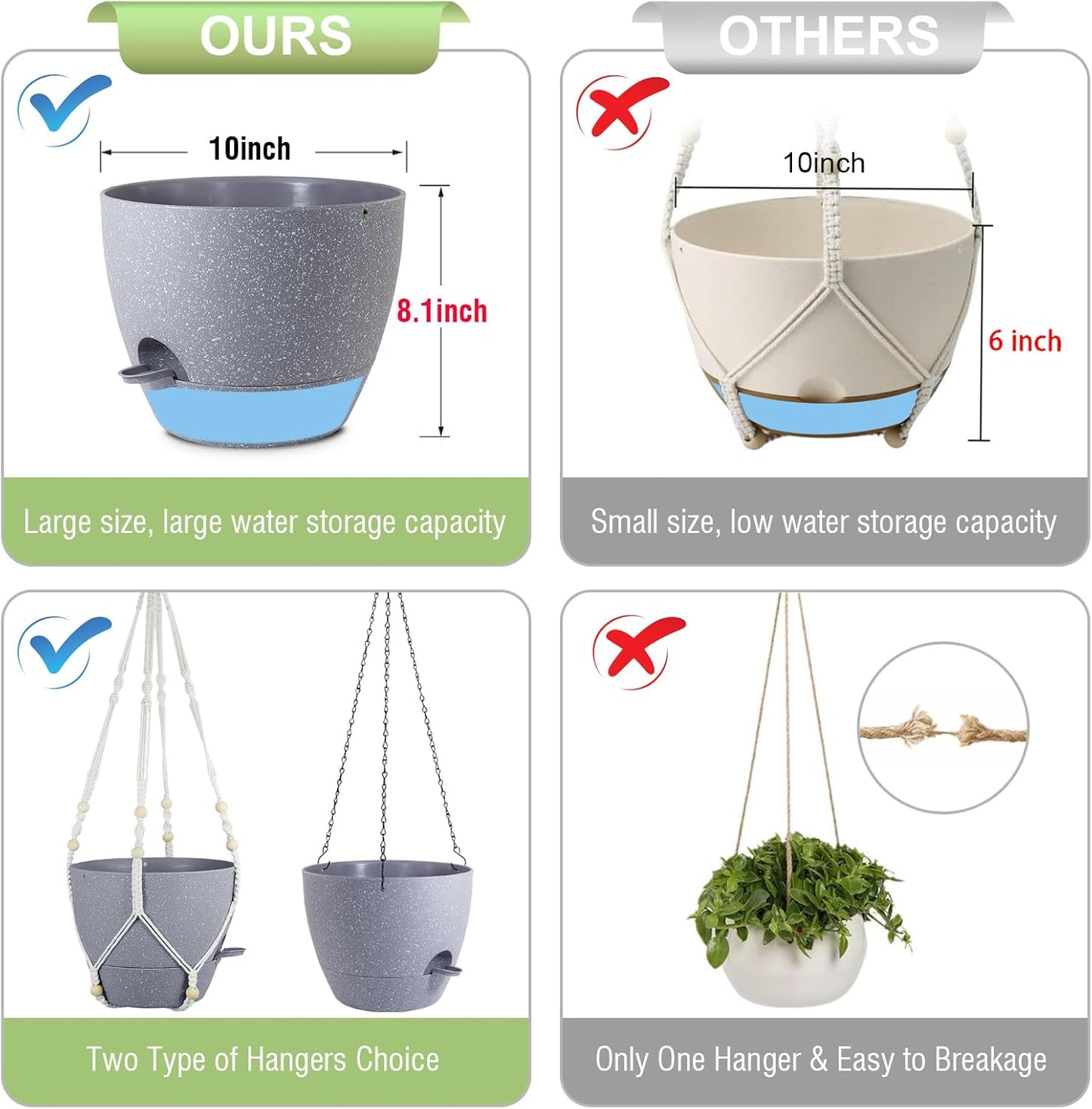 Self Watering Hanging Planters 10 inch, 2 Pack Hanging Flower Pots for Indoor Outdoor Plants, Hanging Baskets with Drainage Holes & 2 Kinds of Plant Hangers for Garden Decor, Speckled Grey