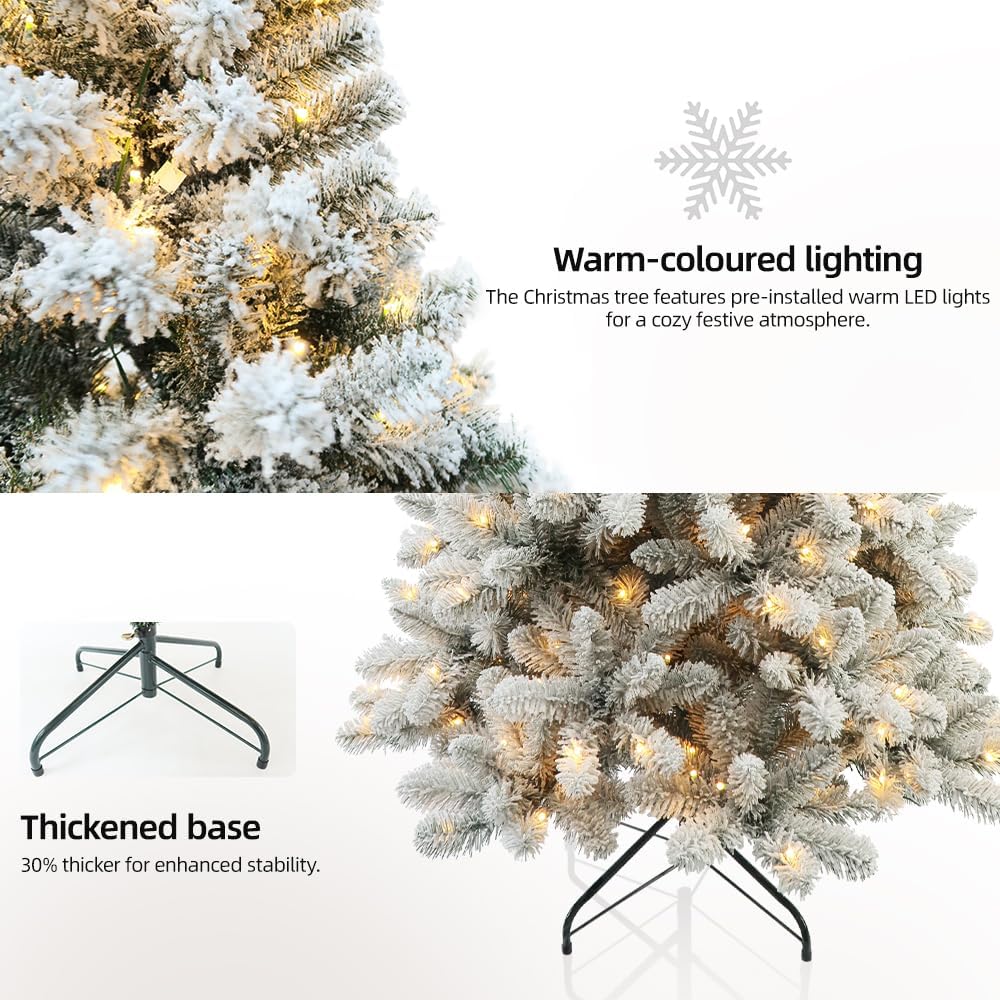 Prelit Christmas Tree with Lights 6ft - Premium Snow Flocked Artificial Xmas Tree,with 874 Branch Tips and 250 Warm Lightsm,Support Automatique,Perfect Choice for Christmas Decorations,White