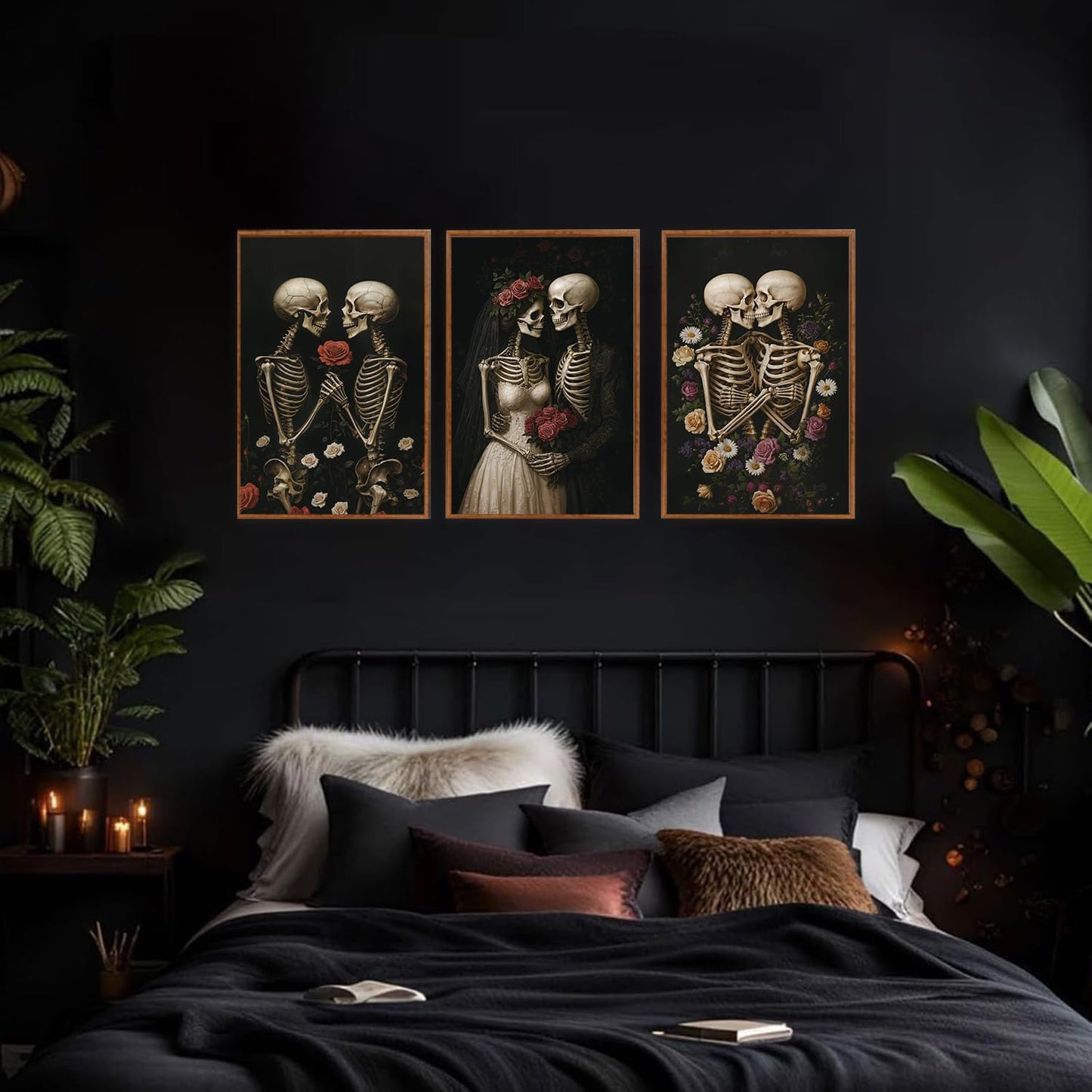 HLNIUC Halloween Rose Wedding Framed Wall Art,Vintage Skeleton Rose Canvas Prints,Abstract Romantic Theme Wall Decor Set of 3(16”x24”)Dark Romance Framed Painting,Roses Skull Art Print for Living Room