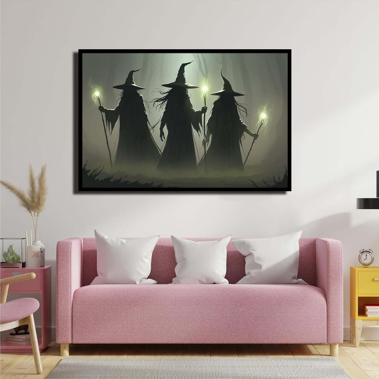 JFHCQJPK Vintage 3 witches canvas wall decor melancholy dark Halloween poster wall decor holding a staff print Gothic horror Halloween painting print for living room bedroom12x16in Metal blackFramed
