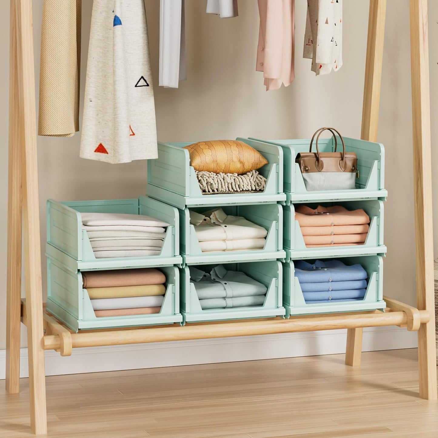 6 Pack Stackable Closet Storage Basket - Stackable Storage Bins, Multifunctional & Foldable Closet Organizer, Wardrobe Cupboard Space-Saving Hat Storage Drawer Organizer, Green