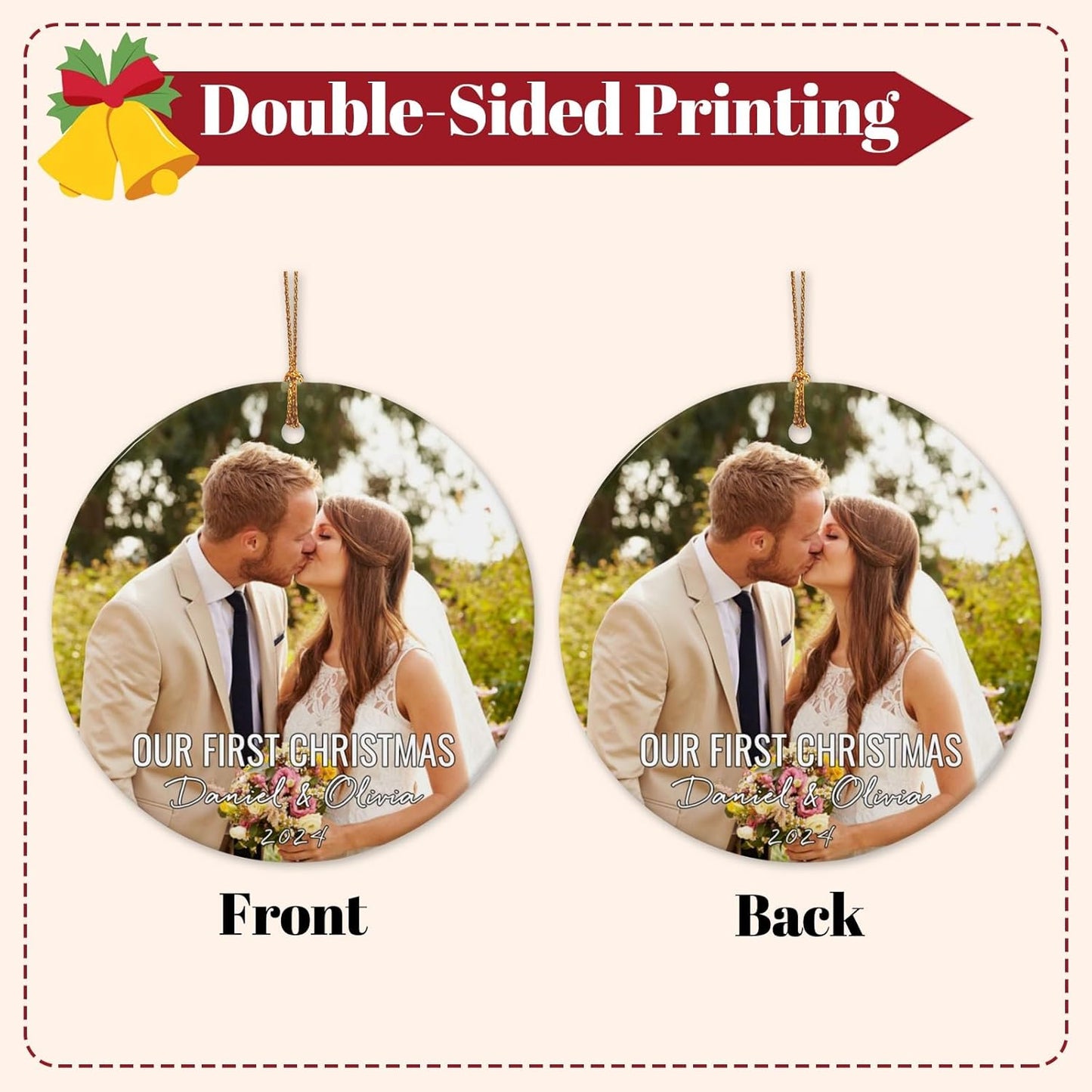 Personalized First Christmas Married Ornament 2025 Custom Mr and Mrs Wedding Christmas Ornaments with Photo Name for Couples,Double-Sided Ceramic Customized Engagement Ornament
