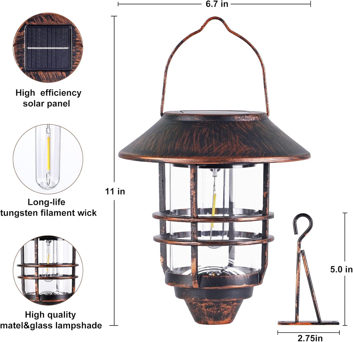 Solar Lantern Outdoor, Hanging Waterproof Solar Lights with Wall Mount Kit for Garden Porch Fence 2 Pack,Bronze
