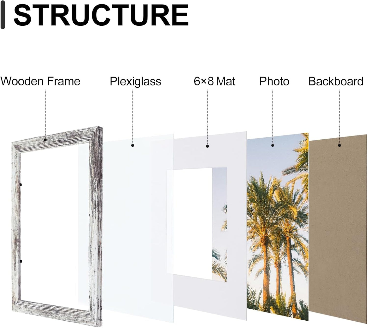 Vittanly 9x12 Picture Frames Set of 9, Shatter Resistant Plexiglass, Display 6x8 Pictures with Mat or 9x12 without Mat, Photo Frames for Wall or Tabletop, Engineered Wood, Distressed White