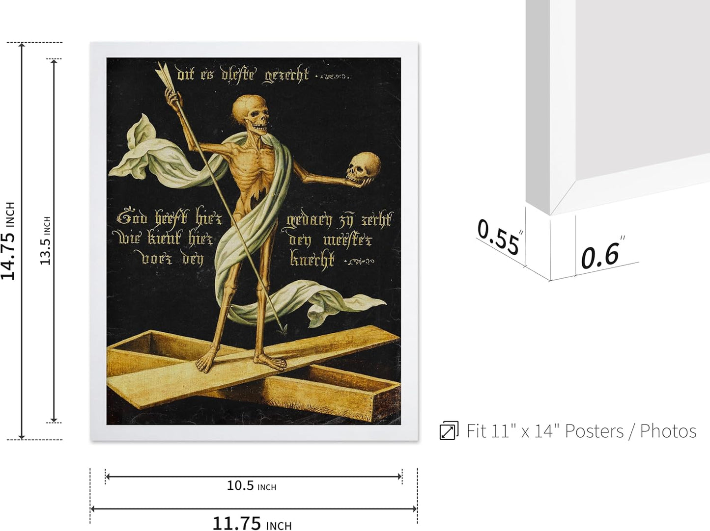 Poster Master Vintage Medieval Poster - Retro Gothic Print - Gift for Artist, Friend - Allegory of Life and Death, Skeleton, Dark, Skull - Wall Decor for Home, Living Room, 11x14 White Framed