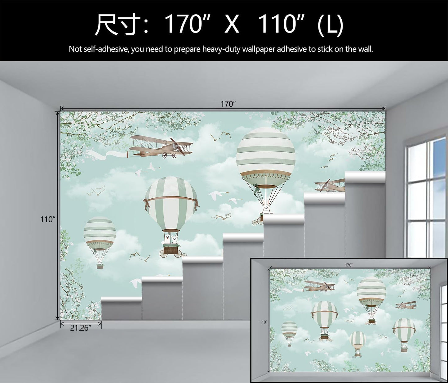 WFBHUA-Hot Air Balloon Wallpaper Mural Cute Animals Airplanes Blue Wallpaper for Nursery Wall Decoration Boys Bedroom Baby Room Kids Room (Not Peel and Stick)