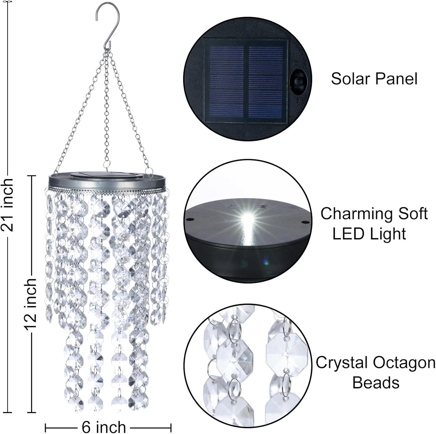 Hanging Solar Lantern Outdoor, 2 Tiers 21” Solar Transparent Acrylic Beaded Chandelier with Cool White LED S Hooks for Garden Yard Patio Gazebo Outside Decor