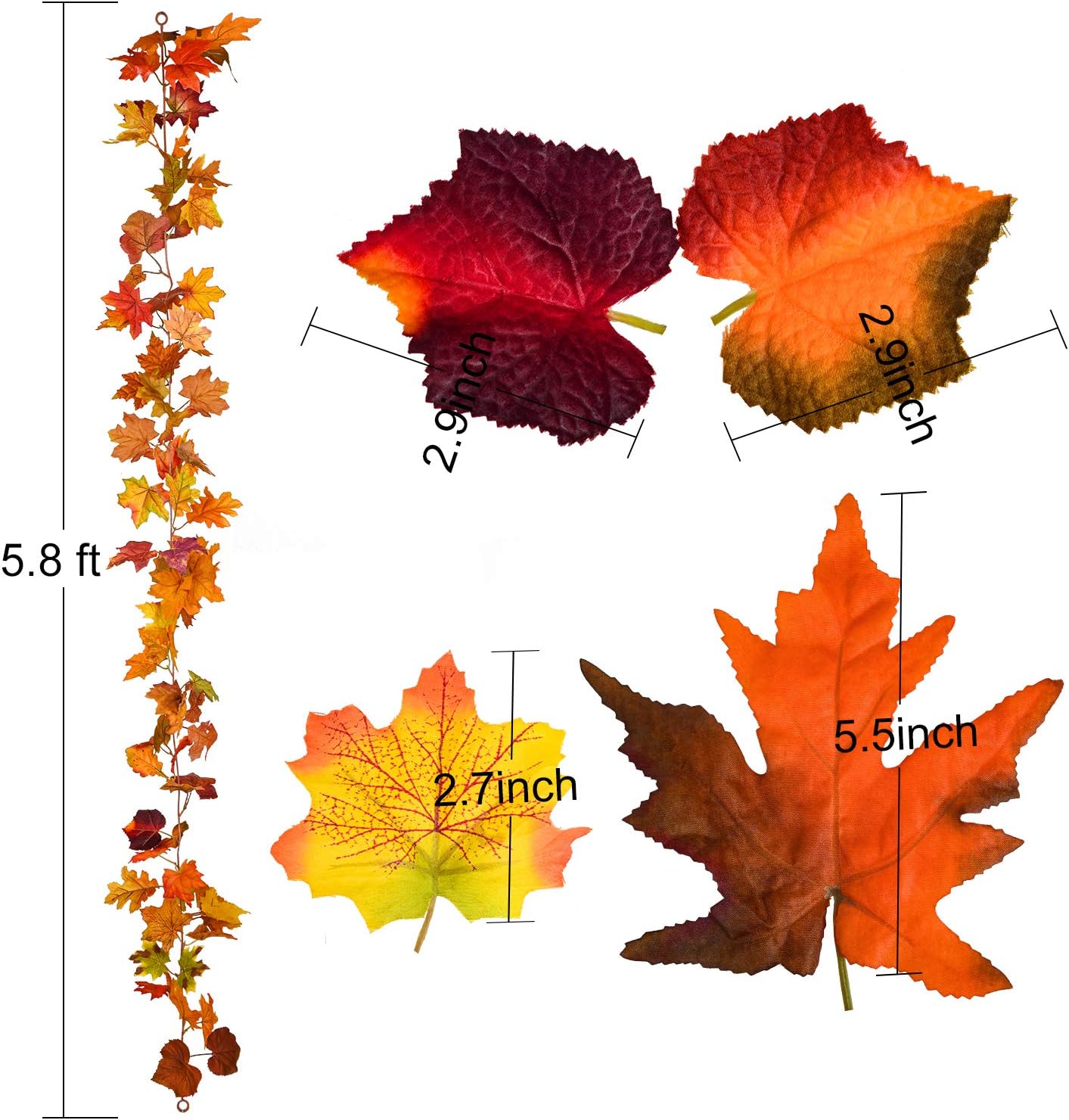 Lvydec 2 Pack Fall Maple Garland - 5.9ft/Piece Artificial Fall Foliage Garland Colorful Autumn Decor for Home Wedding Party (Mixed Color)