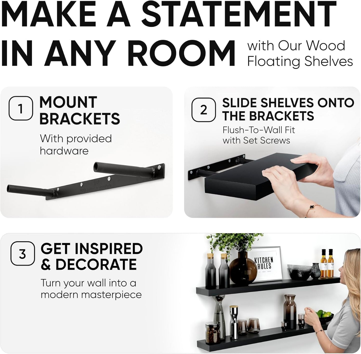 Homeforia Black Floating Shelf 48 inches, High End Solid Real Wood 48 inch Long Floating Shelves for Wall, Black Wooden 48inch Large Floating Shelves, Heavy Duty Bracket, 48 X 6.5 X 1.75 in, Set of 2