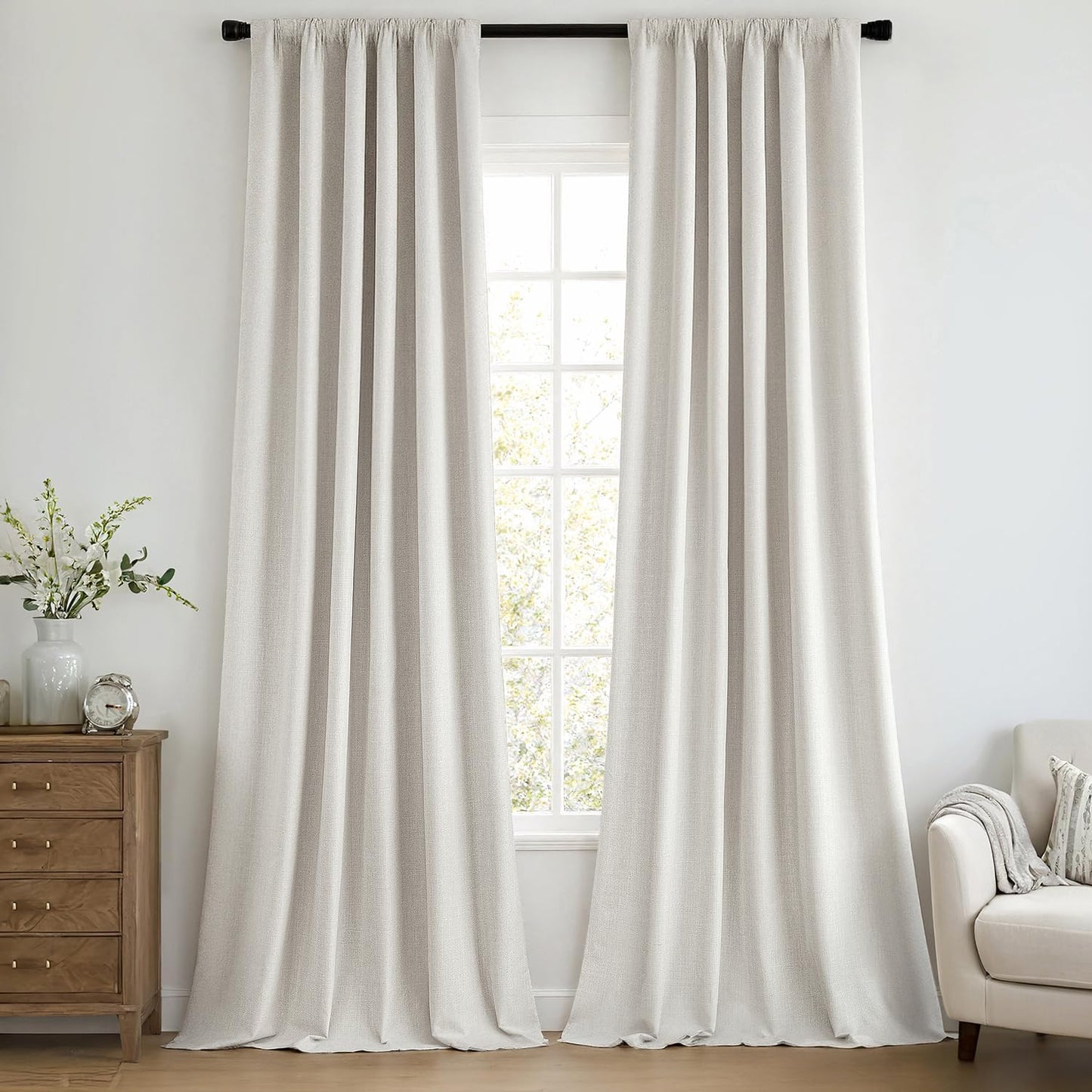MIULEE 100% Blackout Curtains 108 Inch Long 2 Panels Set for Bedroom, Thick Faux Linen Black Out Curtain Room Darkening Back Tab Pleat Window Textured Drapes with Hooks for Living Room, Light Beige