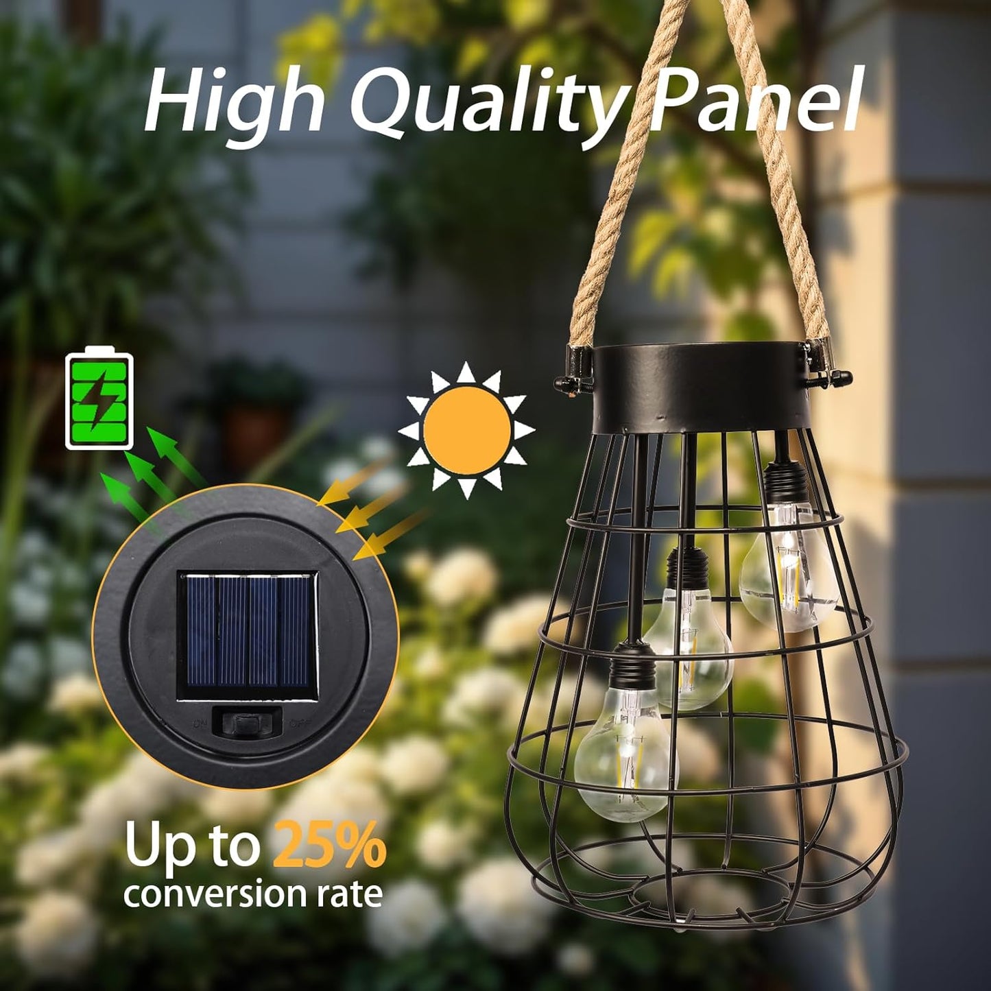 Solar Hanging Lantern with Rope, Vintage Industrial Pendant Light, 12.8" Solar Powered Outdoor Lantern, IP65 Waterproof Garden Light, Warm White Glow, Rechargeable for Patio, Porch, Yard Decor