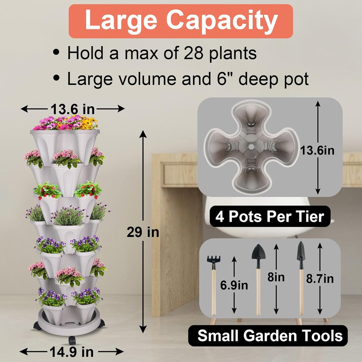 Vertical Planter 7 Tier Stackable Planters Garden Planters Strawberry Herb Flower and Vegetable Planter Indoor Outdoor Gardening Pots with Removable Wheels and Tools