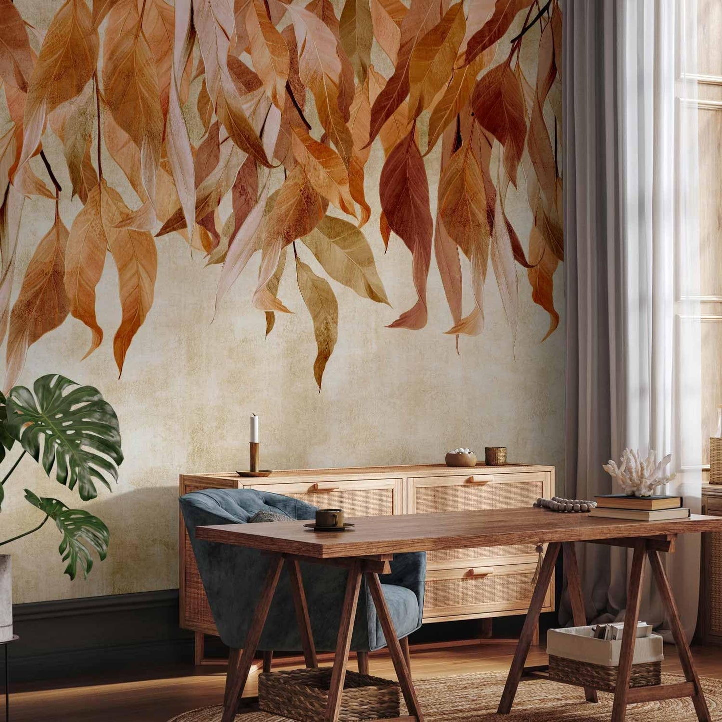 artgeist Premium Wall Mural Hanging Leaves 177x124 in - Non-Woven Wallpaper Fleece Wall Decor Photo Print Picture Image Design Nature Botanical Concrete Orange Beige b-C-10146-a-c