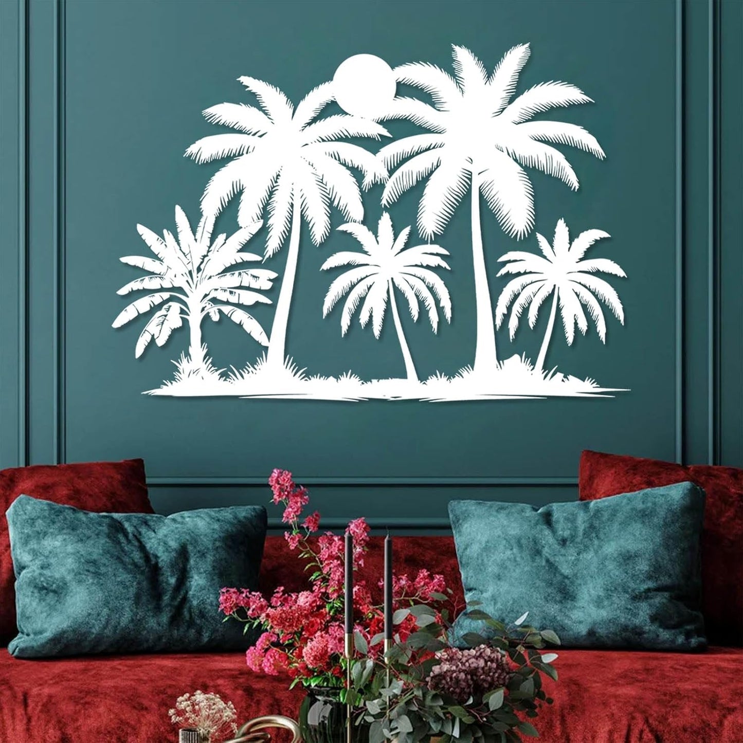 Tuglona Metal Palm Tree with Sunset Wall Decor, Tropical Palm Tree Metal Wall Art, Tropical Wall Decor, Sun Wall Art, Beach Wall Decoration, Coastal Trees Wall Hanging (White, 41"x29"/105x73cm)