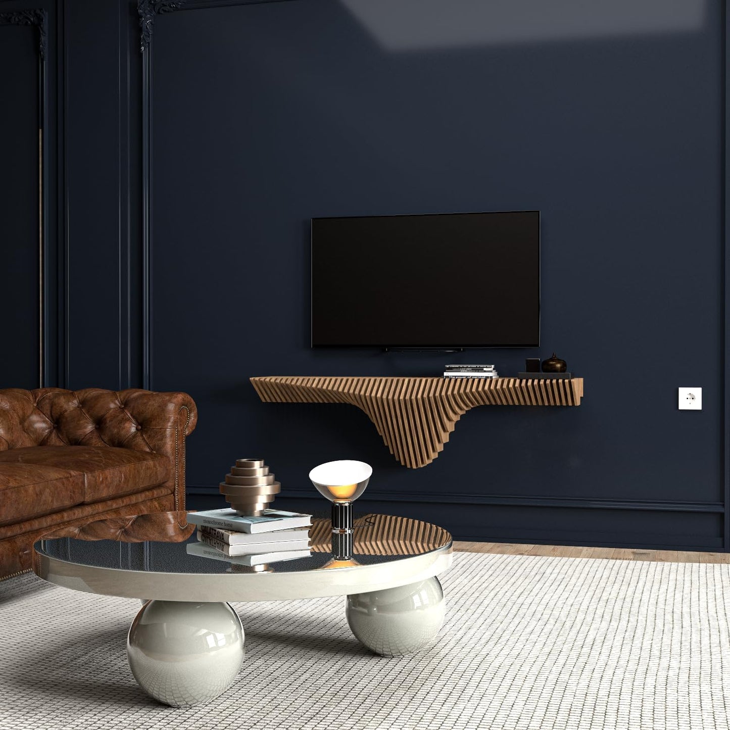 Parametric 50 inch Floating Shelf TV Unit Modern Geometric Wooden Wall Piece Decor Natural Oak Color 3D Wavy Living and Gaming Room Shelf