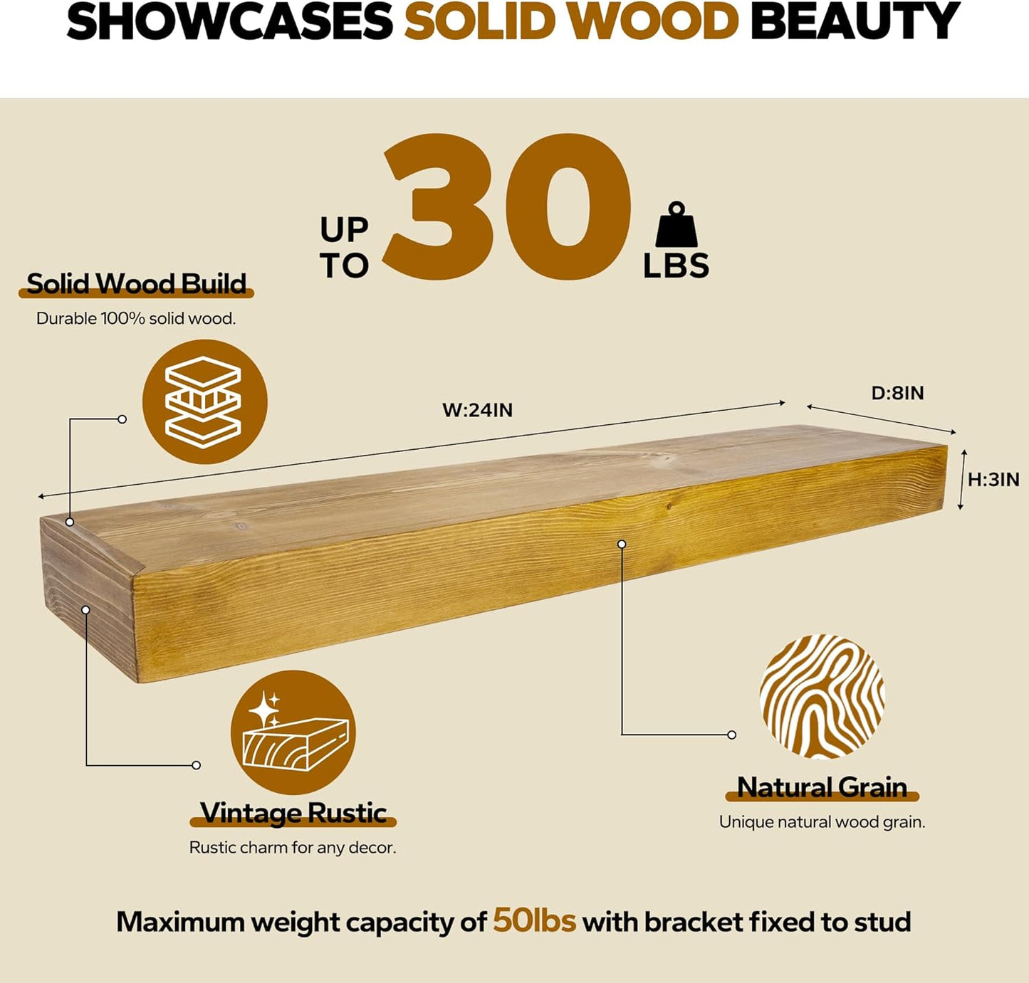 Floating Shelves 3 inch Thick for Wall Set of 2,Solid Pine Wood Wall Mount Shelf for Kitchen Living Room Bedroom Bathroom,8" D x 24" L x 3" H-Gold Oak