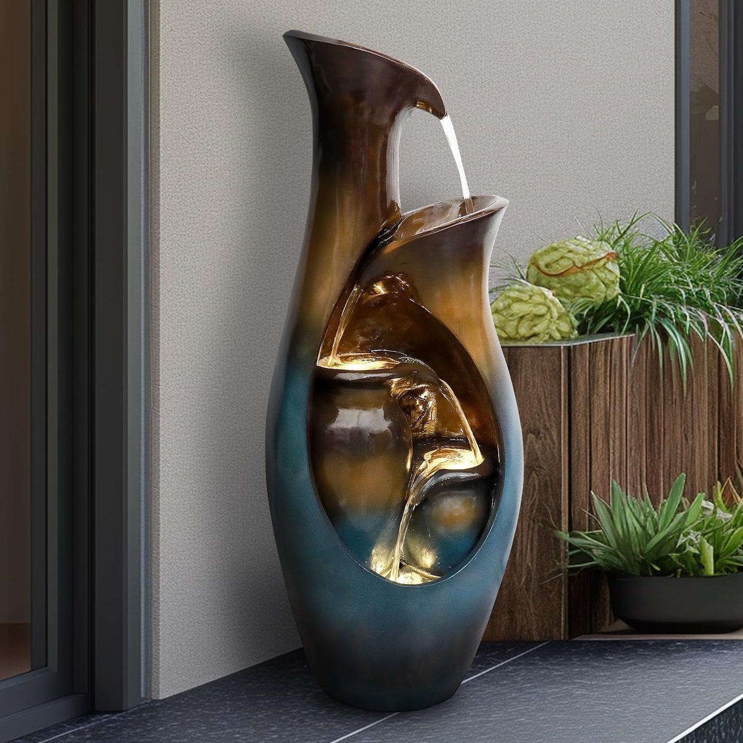 watnature 31.4”H Outdoor Garden Fountains and Waterfalls -Modern Indoor Water Jar Fountain with LED Lights&Pump for Garden, Patio, House, Home Decor, Indoor Zen Fountains Outdoor Waterfall Features