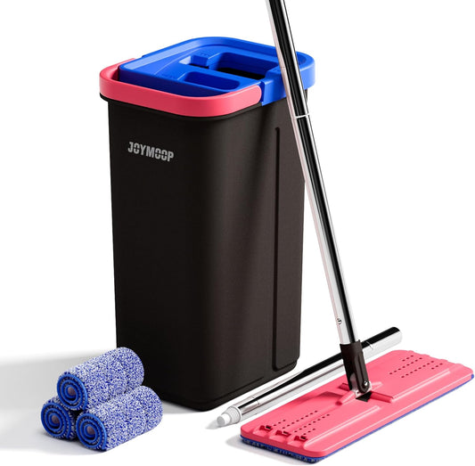 JOYMOOP Mop and Bucket Set for Home, Hands-Free Self-Cleaning System, with 3 Reusable Microfiber Mop Pads, Suitable for Floor Cleaning and Wall Cleaner - Black+Red+Slate Blue