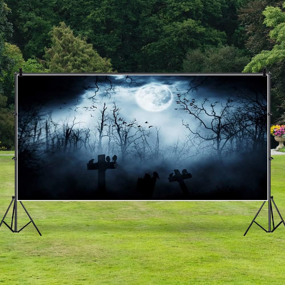 AOFOTO 15x8ft Moon Night Halloween Cemetery Photography Backdrop Flying Bats Birds Stand on Gravestone Cross Graveyard in Dark Forest Photo Background Cloth Vinyl Wallpaper Photo Studio Props