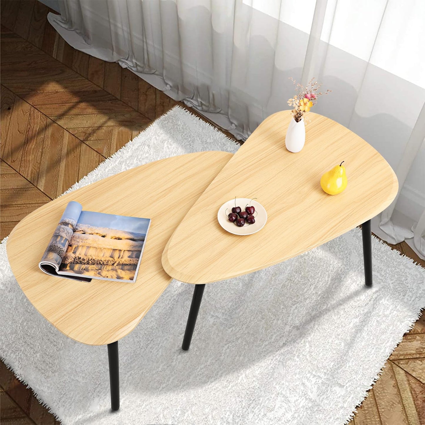 Wood Nesting CoffeeTable Set of 2 Irregular Accent Table for Living Room Bedroom Industrial Small Stacking Side Tables for Couch,Natural