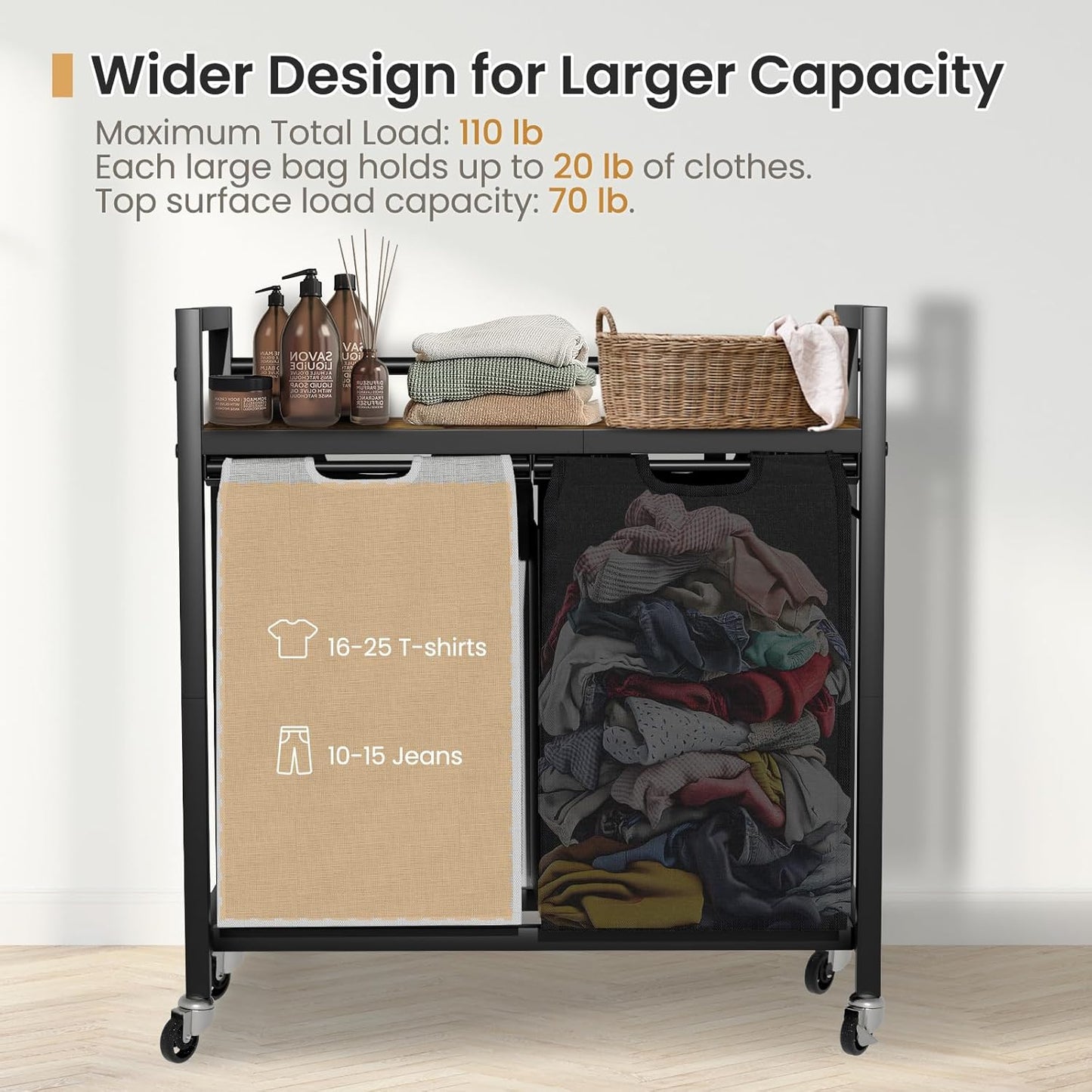 Laundry Hamper, Laundry Basket, Laundry Sorter with 2 Removable Bags, Clothes Basket with 2 Compartments, Wheels, Shelf for Laundry Room Bathroom Bedroom (2 Bags-Black Grey)