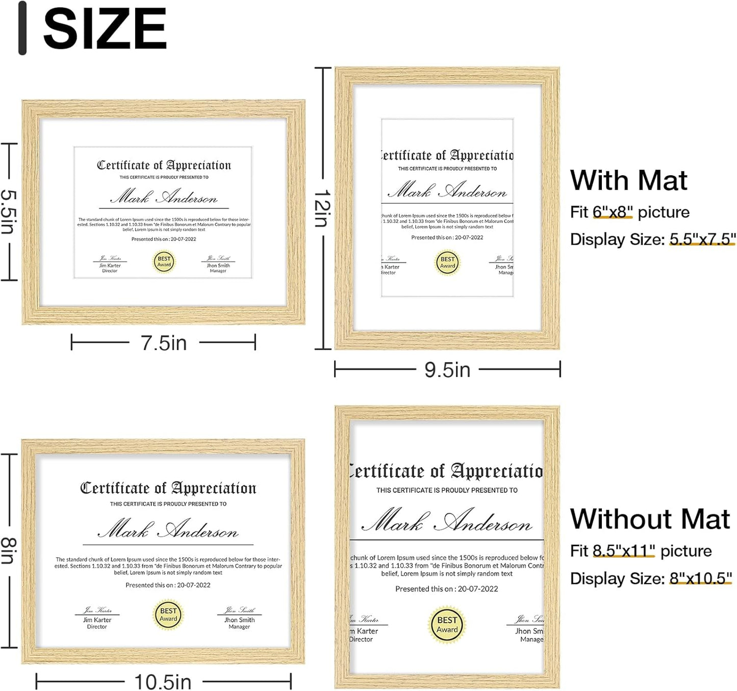 Vittanly 8.5x11 Picture Frames Set of 9, Shatter Resistant Plexiglass, Display 6x8 Pictures with Mat or 8.5x11 without Mat, Photo Frames for Wall or Tabletop, Engineered Wood, OAK