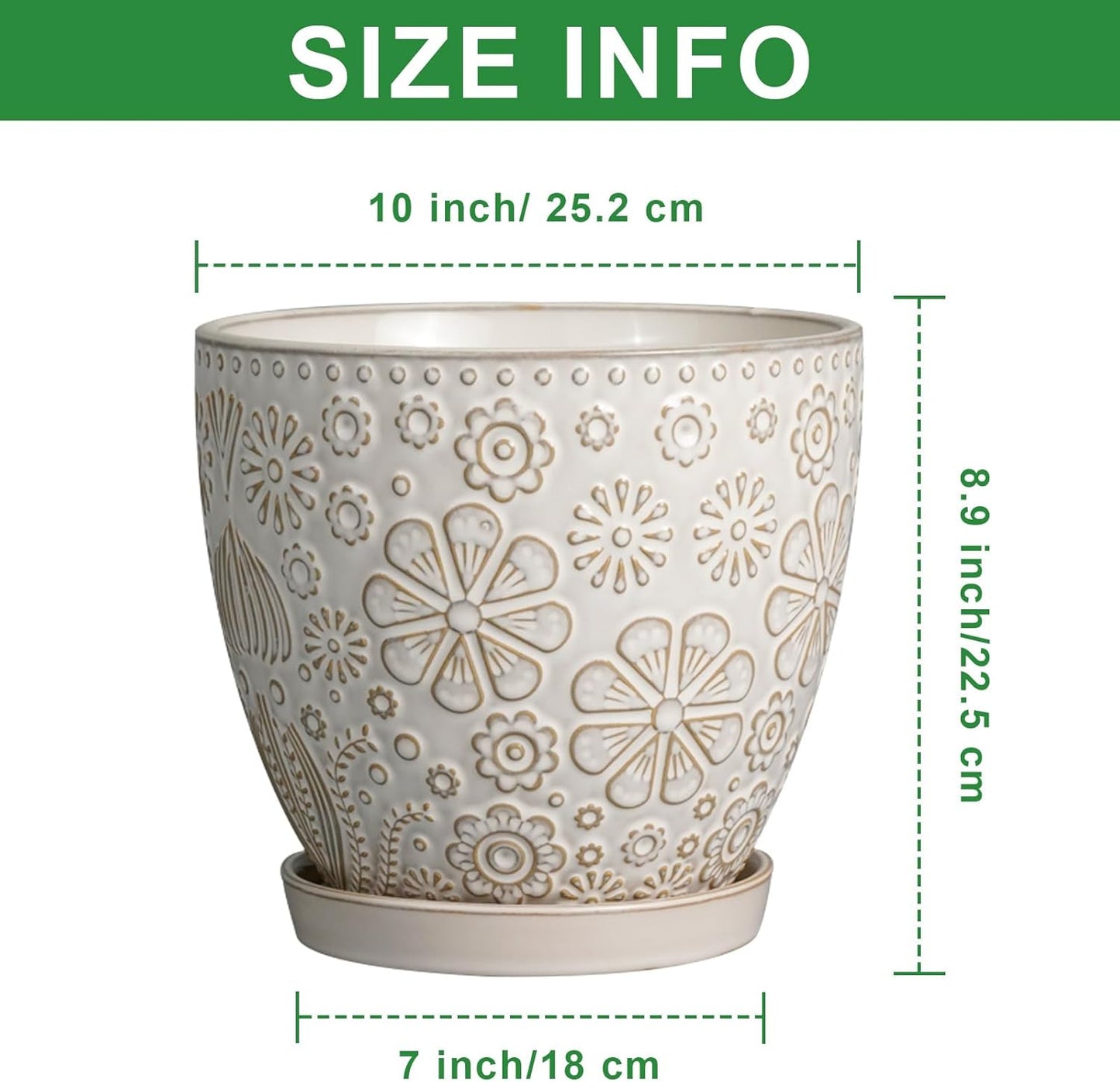 10 Inch Ceramic Planter Pot Large Plant Pot for Indoor Plants Outdoor Round Flower Pot with Drainage Hole and Saucer for Home Garden Decor White