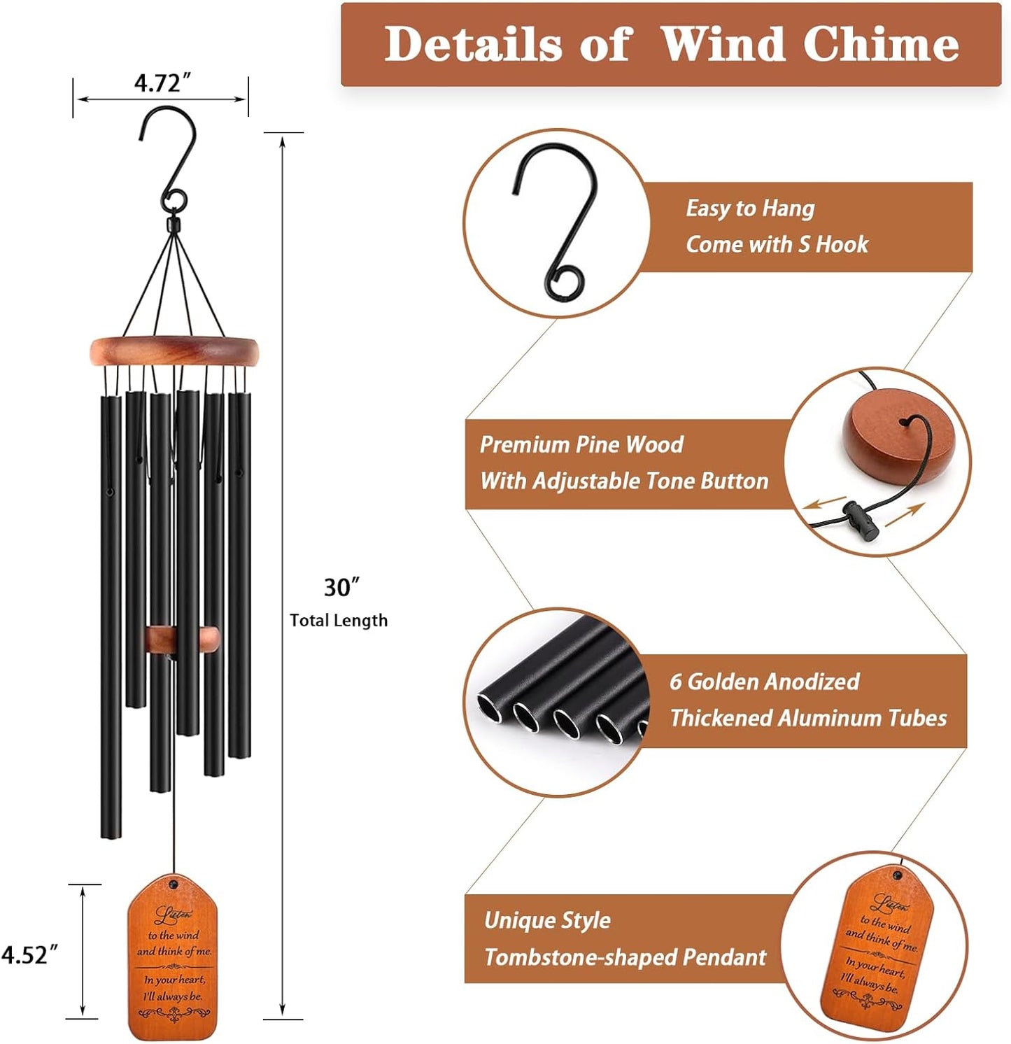 Sympathy Gift Baskets, 30" Wooden Memorial Wind Chimes for Loss of Loved One, Memorial/Bereavement/Condolence/Funeral Gifts, in Memory of a Loved One Mother Father