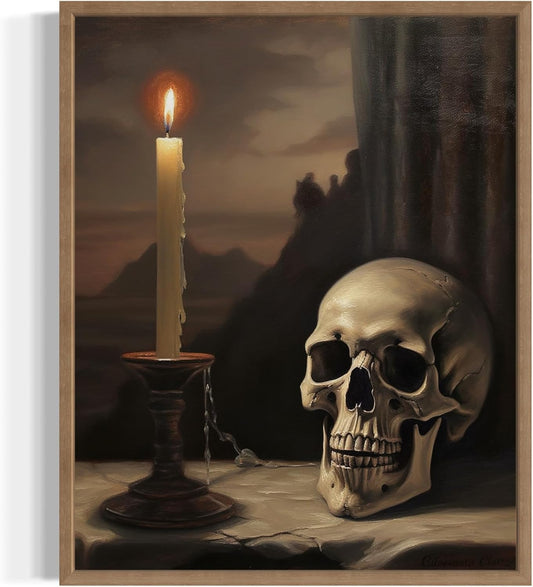 Skull and Candle Poster Art Print, Halloween Scary Vintage Wall Art Academia Spooky Painting Decoration for Horror Prints, Gothic Posters Bedroom Decor 89 (Skull and Candle, 16 x 20 inches, Wood Frame)