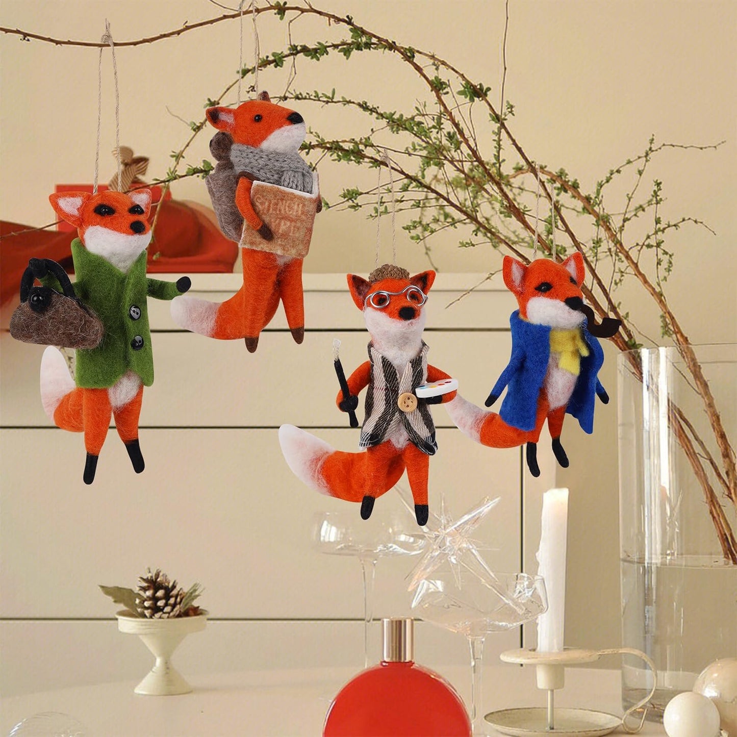 Set of 4 Christmas Felt Fox Ornaments, Mini Hanging Wool Mr. Foxes Fantastic Figurines, Tiered Tray Tabletop Decor, Animal Crafts Cute Xmas Tree Holiday Easter Gifts Home Office Party Supply