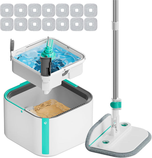 Upgraded Spin Mop and Bucket Self-Standing Mop Bucket Separate Dirty and Clean Water System Self Wringing 360° Rotating Clean Mop and Bucket Set with14Pads Mop-Blue