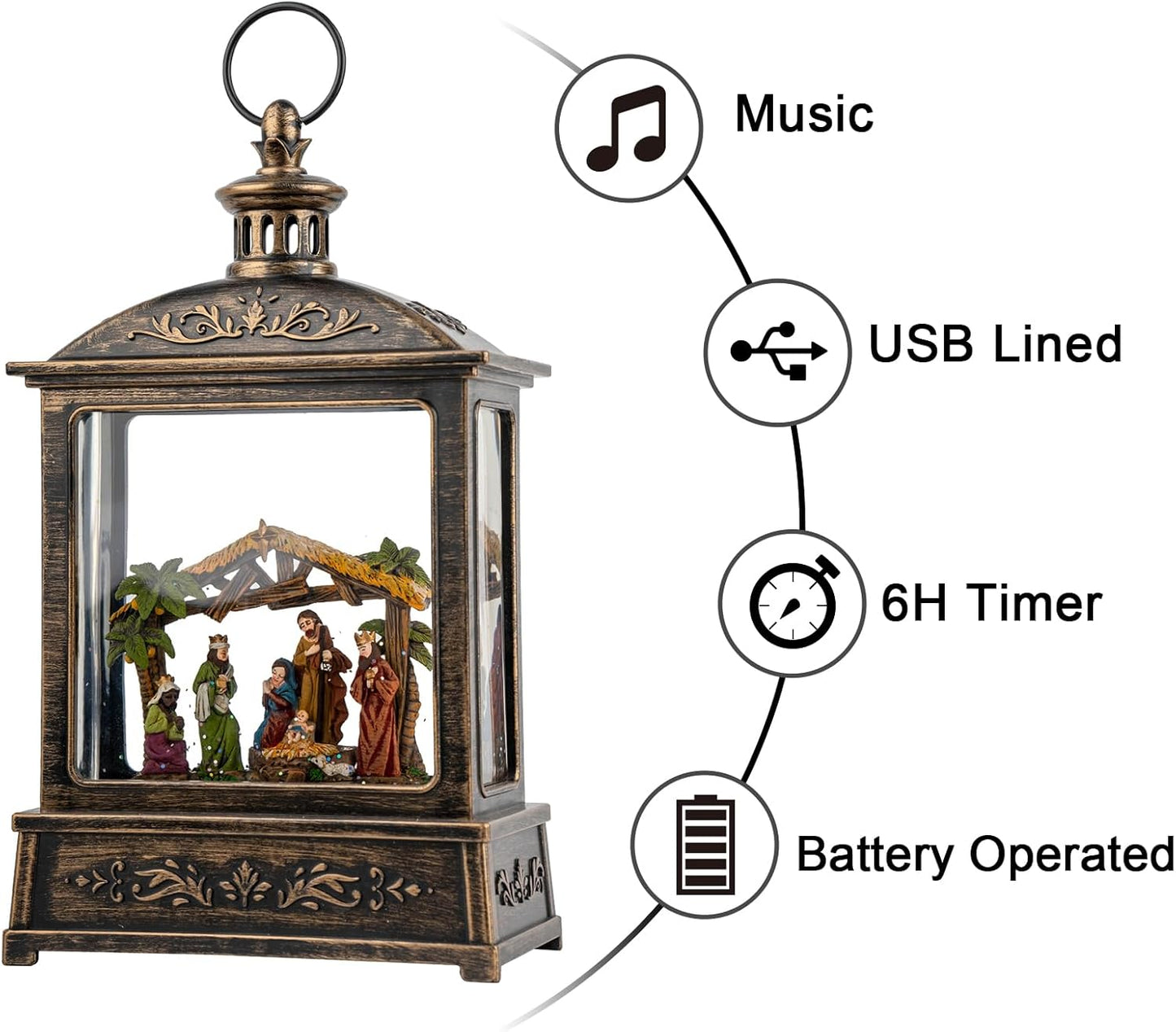 12.5'' Christmas Snow Globe Lighted Manger Nativity Scene, Musical Water Lantern Play Silent Night Music in Swirling Glitter, for Home, Battery Operated or USB Powered