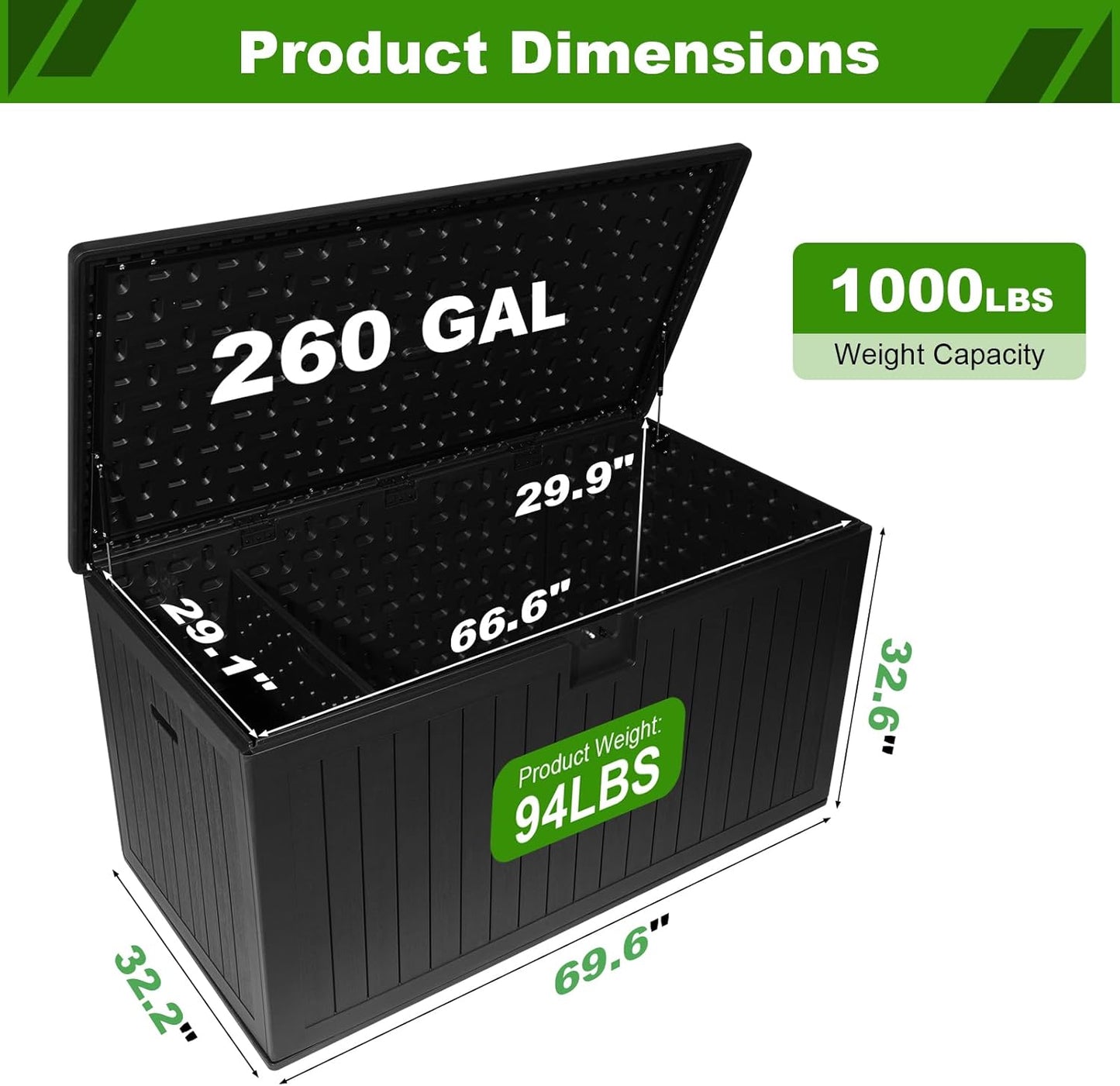 320 Gallon Outdoor Storage Box Waterproof, Extra Large Plastic Outside Deck Box Weatherproof, Resin Outdoor Cushion Storage Container with Lock and Lids for Cushion and Pool Equipment, Black