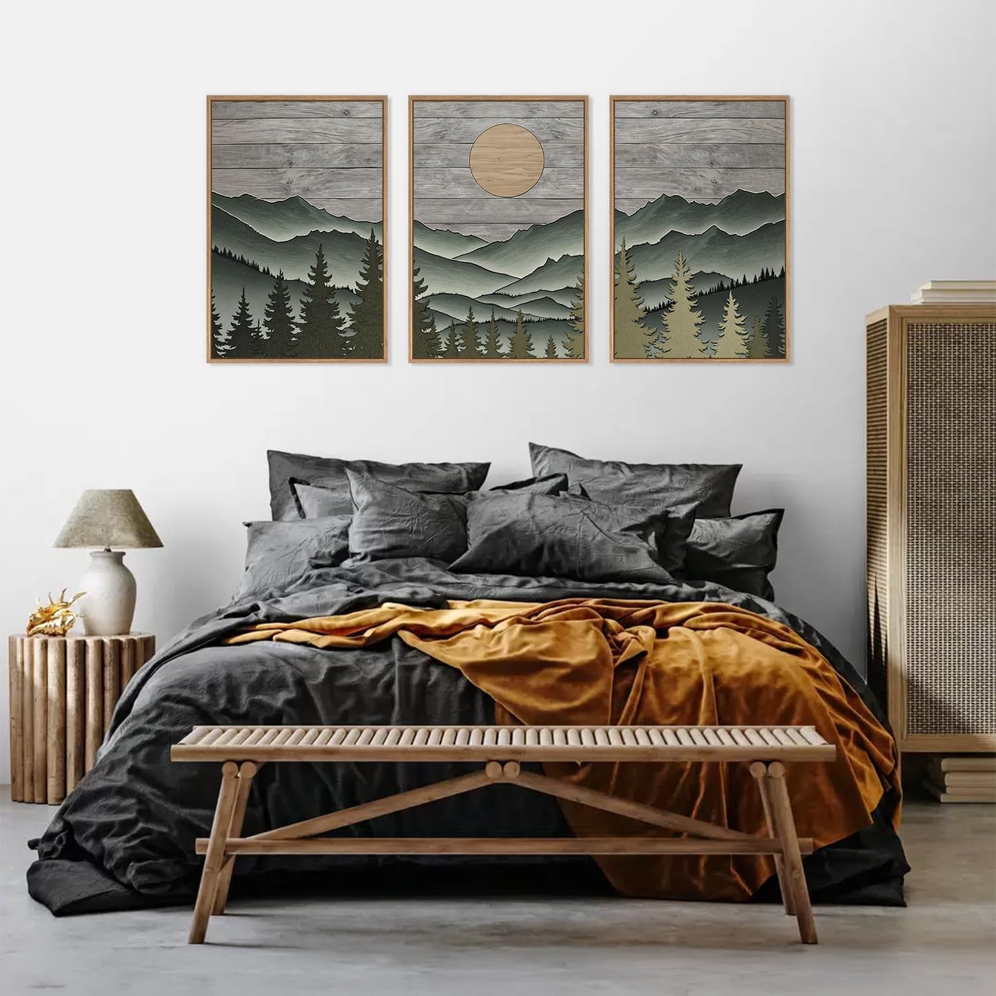 HLNIUC Mountain Framed Canvas Wall Art,Large Green Forest Woodcut Wall Decor Set of 3(16”x24”)Abstract Sun Forest Pine Trees Wall Painting,Rustic Sun Nature Landscape Art Print for Living Room,Bedroom