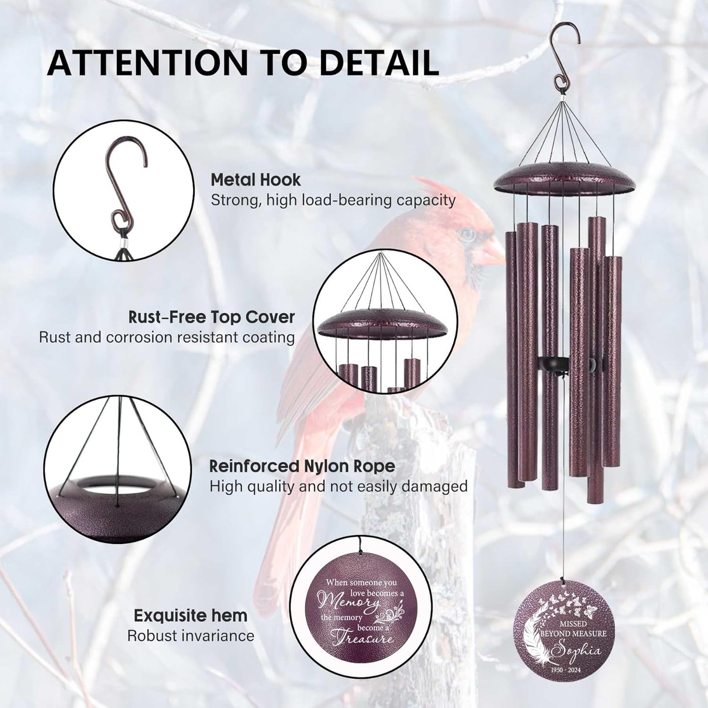 ASTARIN 36" Large Deep Tone Personalized Sympathy Wind Chimes, Memorial Wind Chime for Loss of Mother Father Loved One, Angel's Feather Bereavement Gifts Decor Outdoor Patio Garden(Produced in USA)